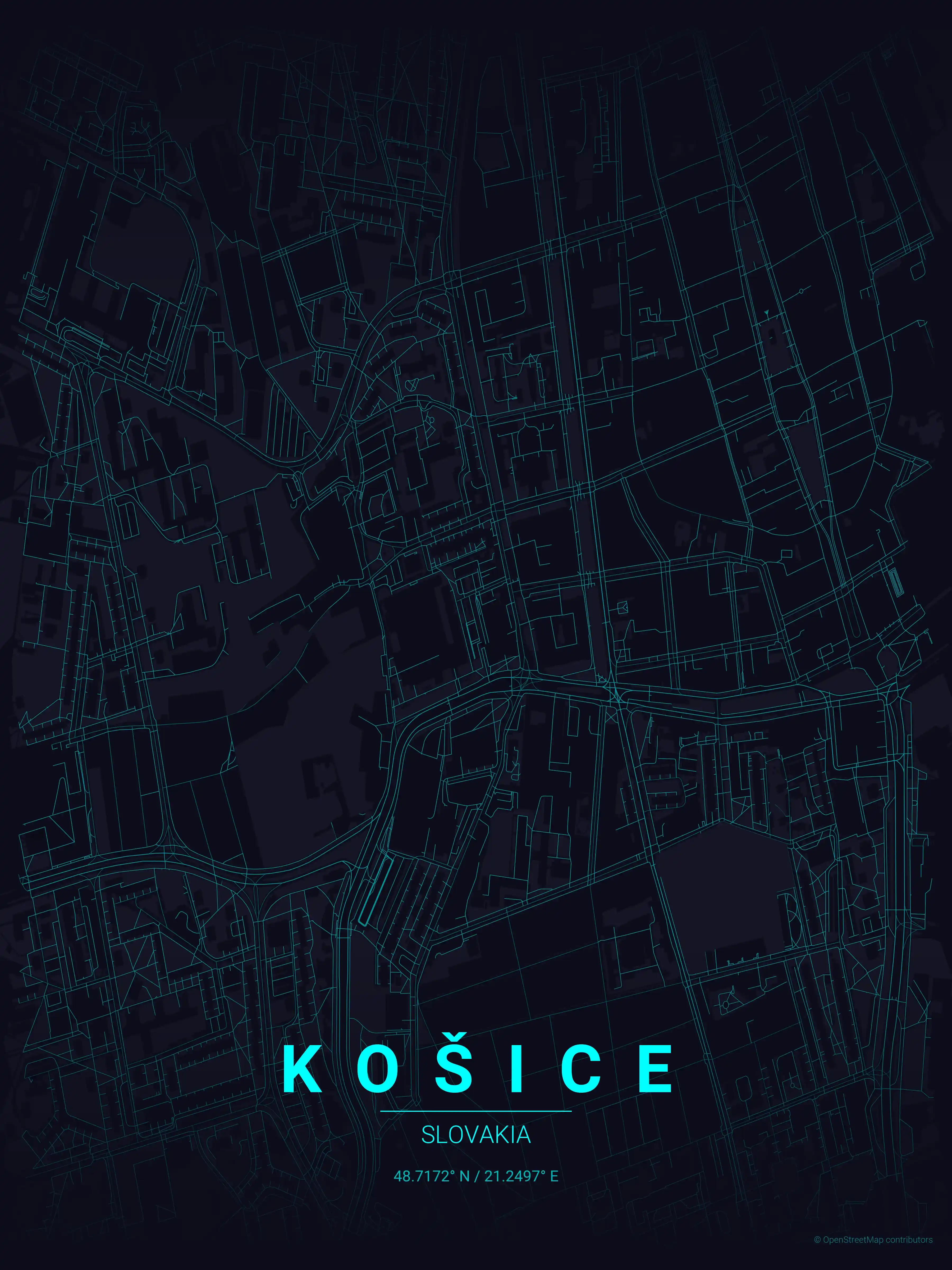 Minimalist neon_cyberpunk street map of Košice, Slovakia - Urban grid art