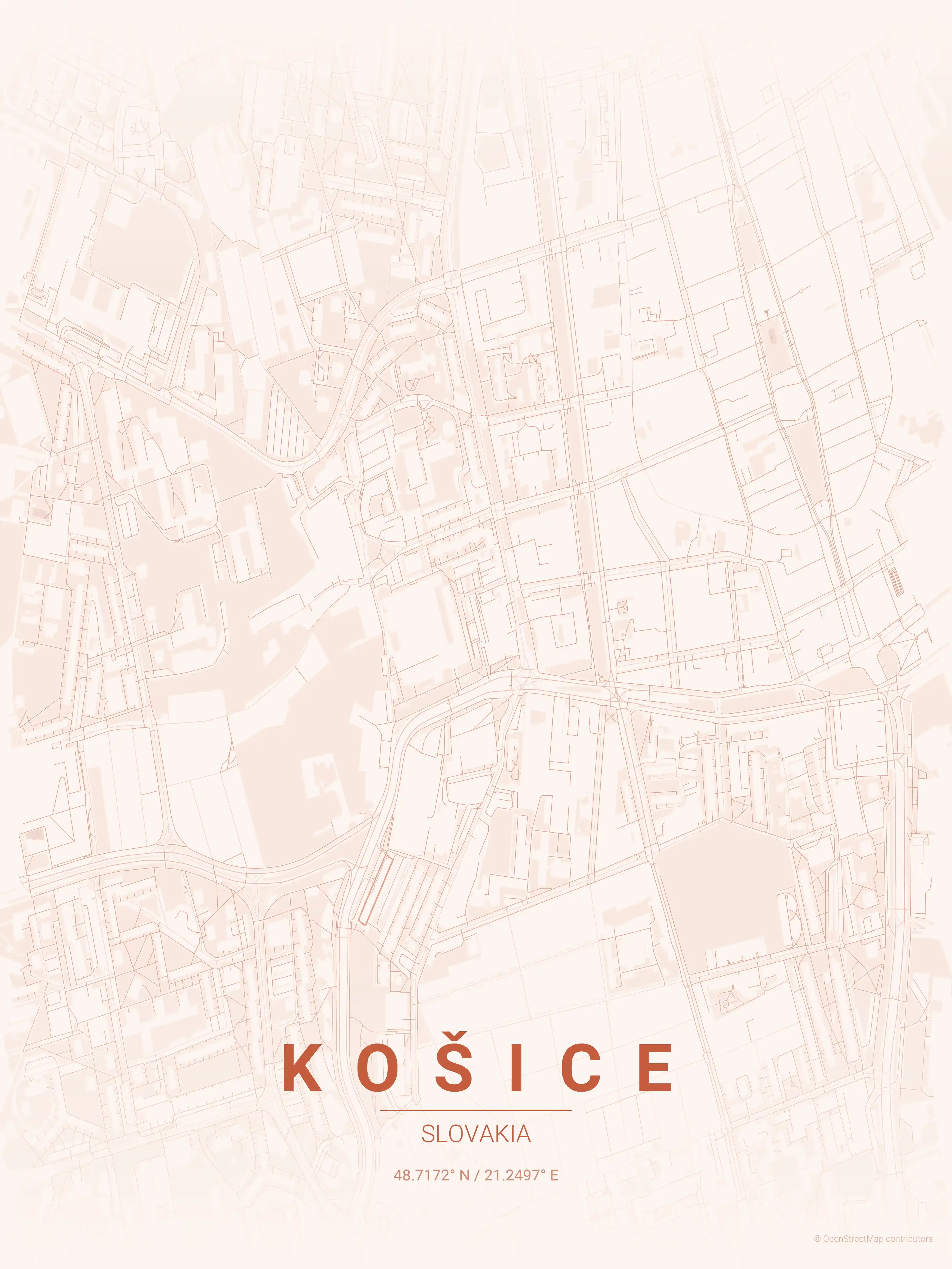 Minimalist sunset street map of Košice, Slovakia - Urban grid art