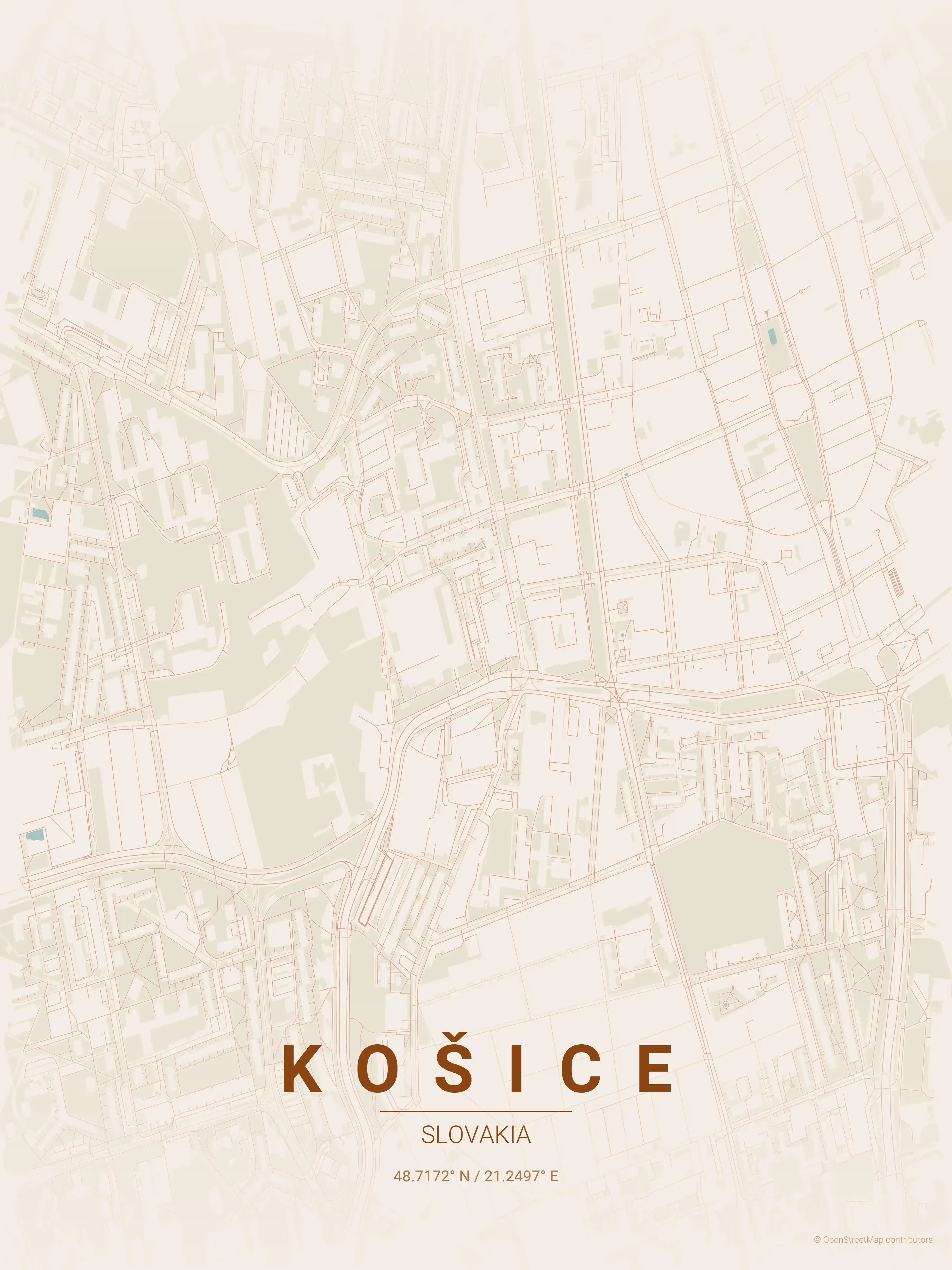 Minimalist terracotta street map of Košice, Slovakia - Urban grid art
