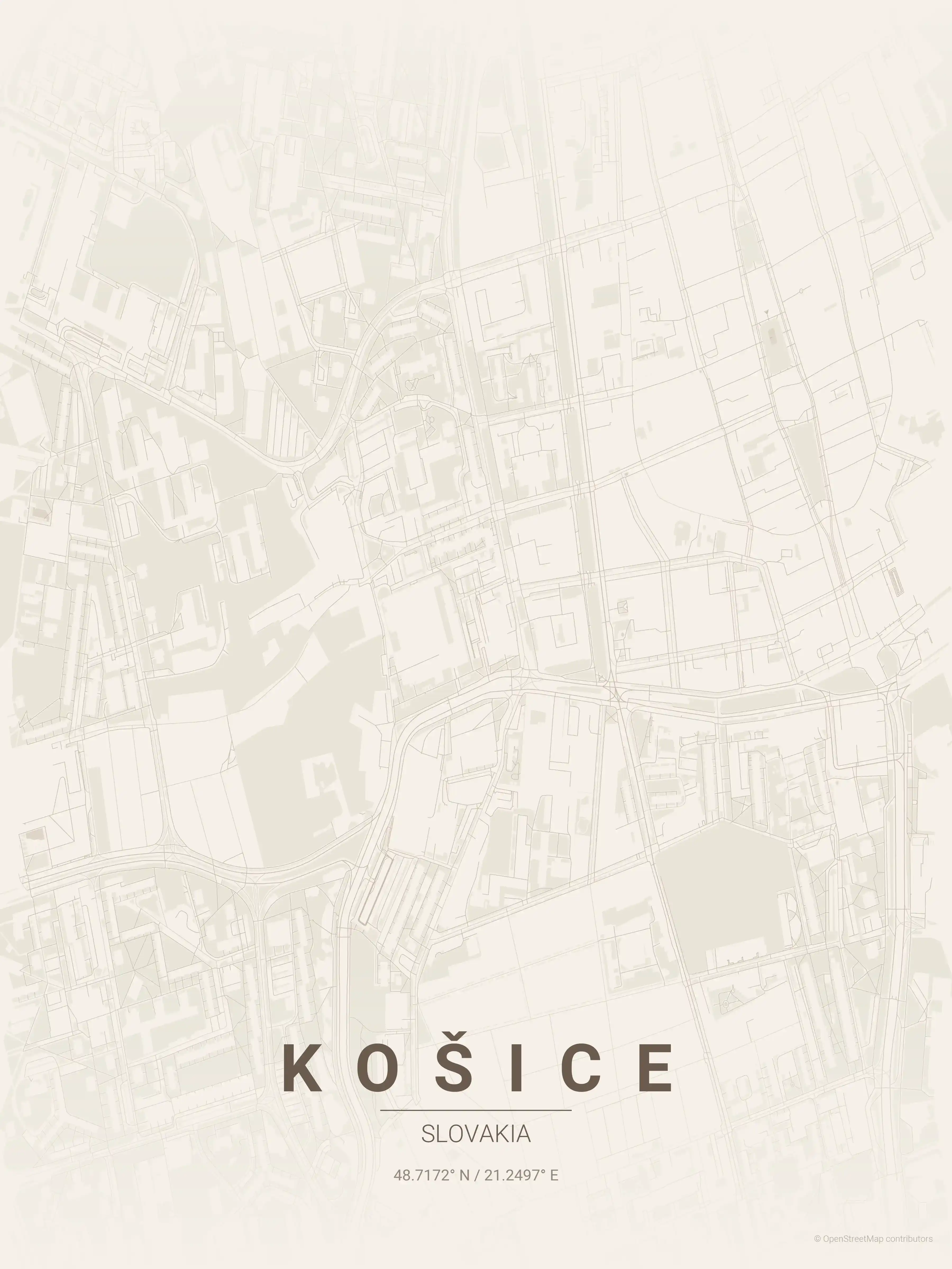 Minimalist warm_beige street map of Košice, Slovakia - Urban grid art