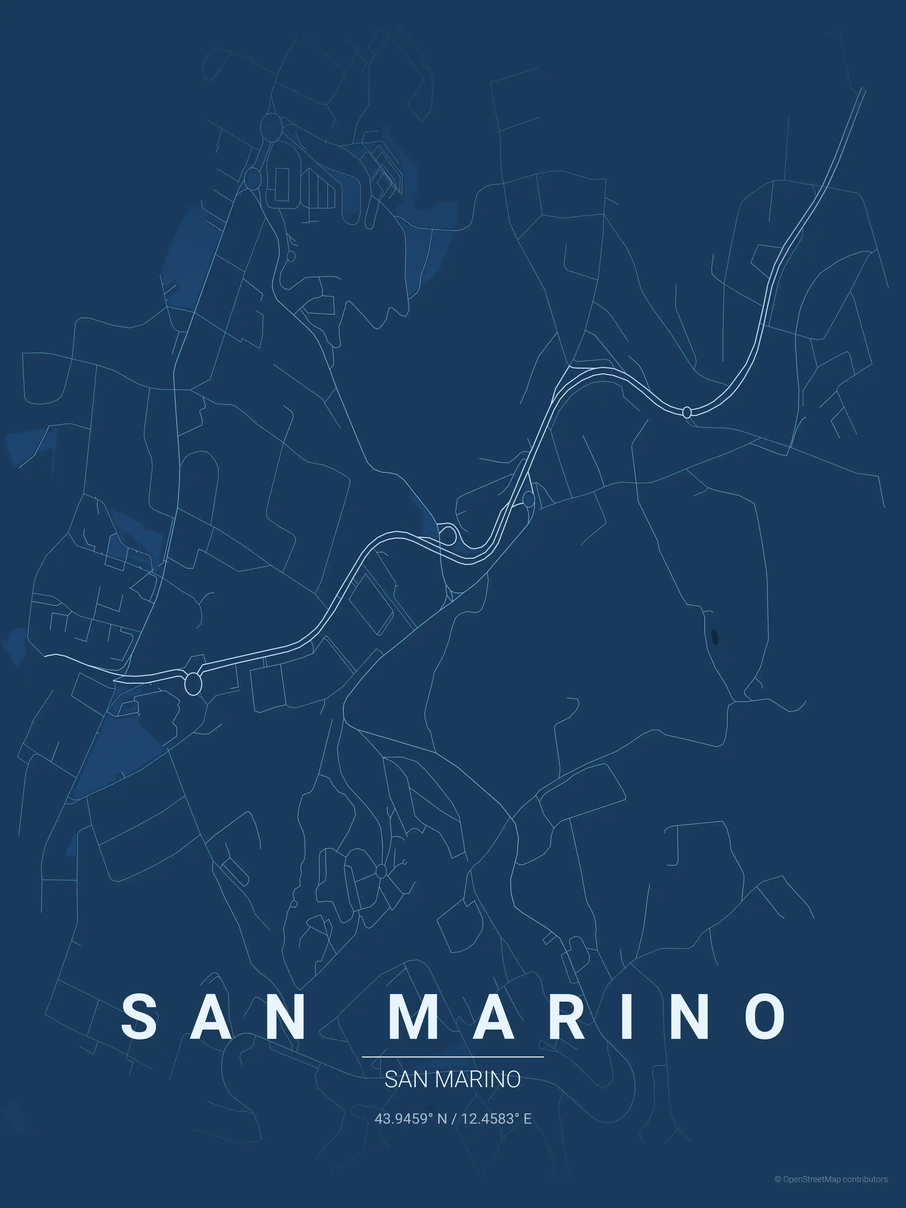 Minimalist blueprint street map of San Marino, San Marino - Urban grid art