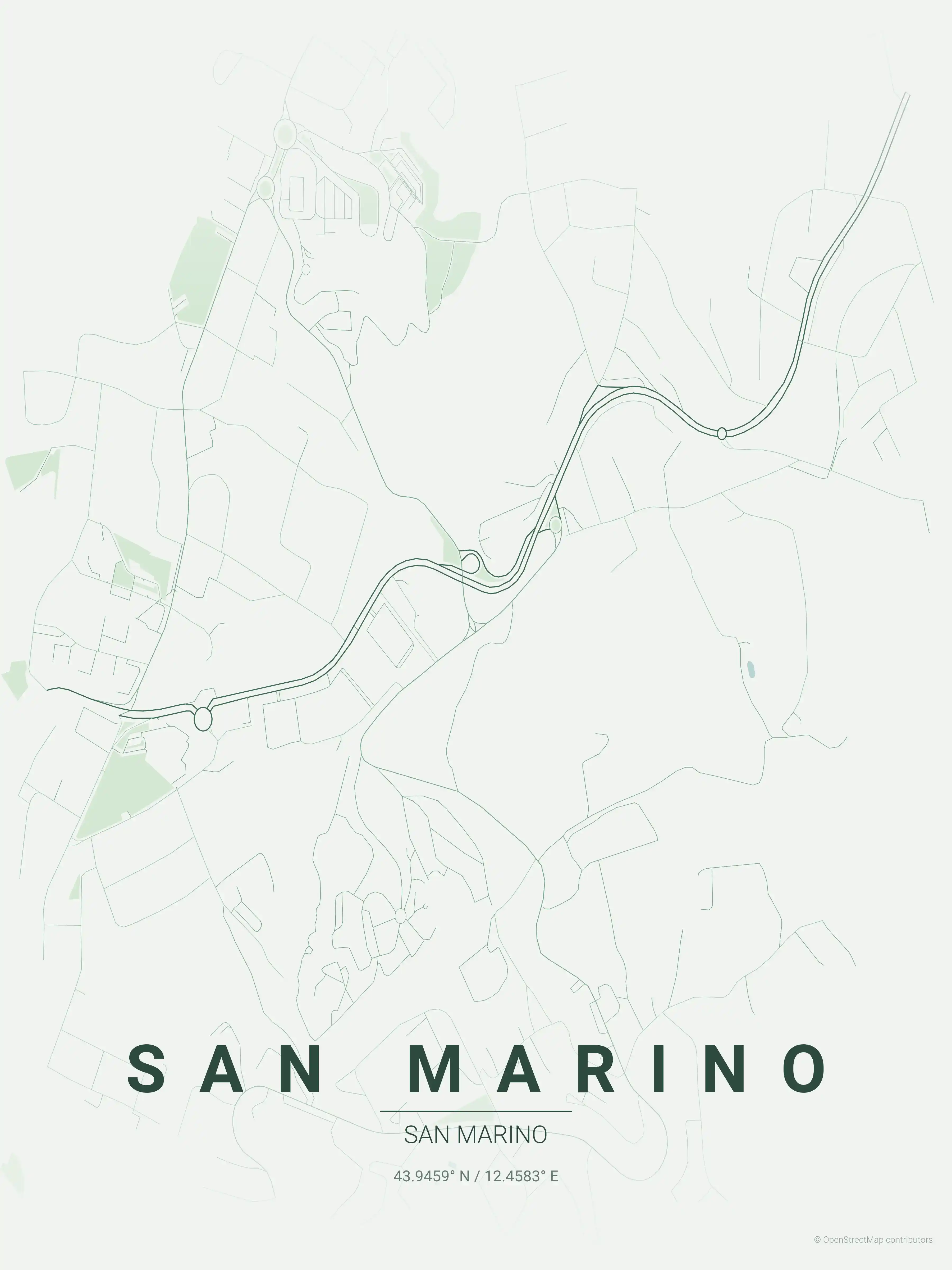 Minimalist forest street map of San Marino, San Marino - Urban grid art