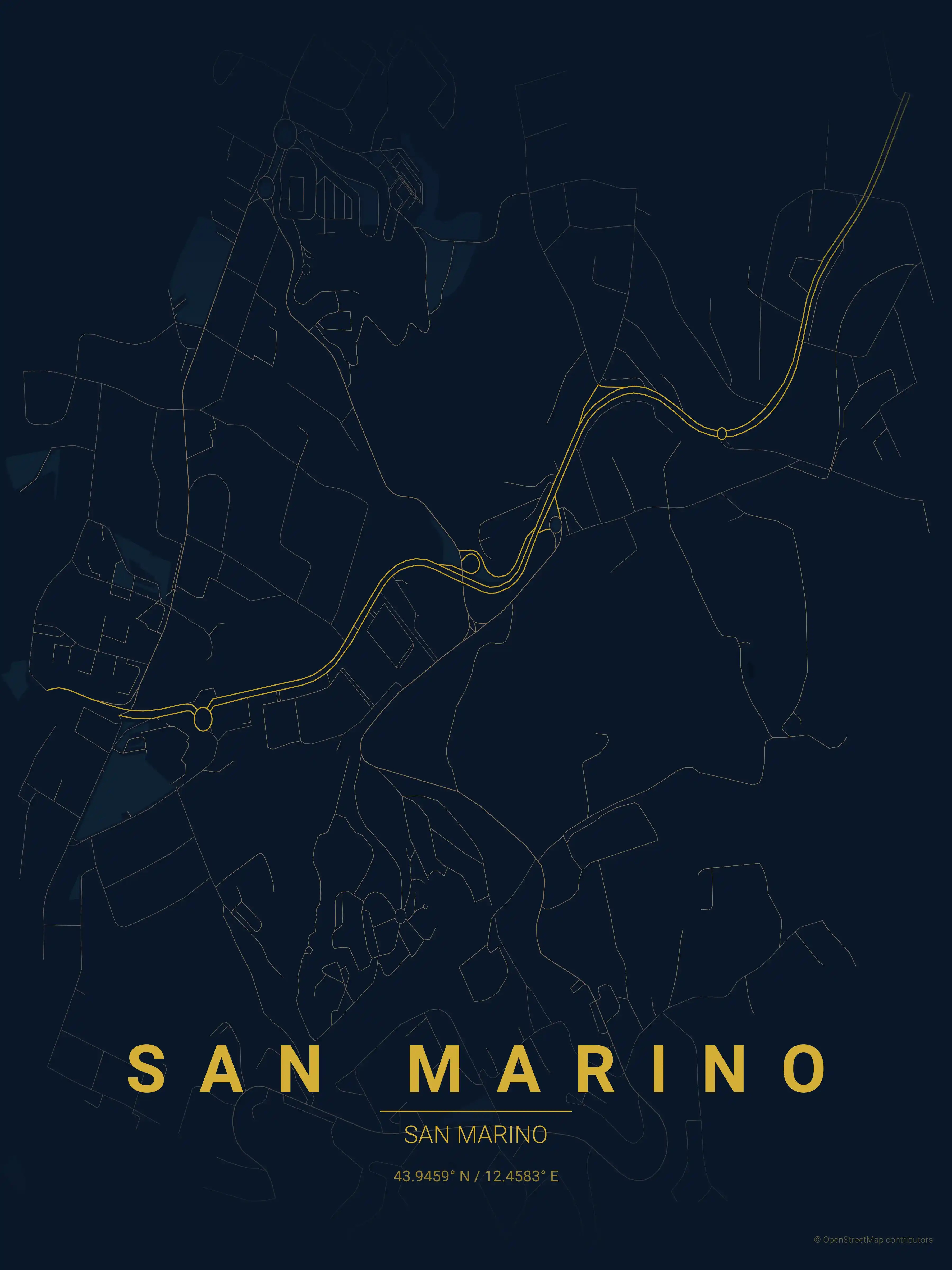 Minimalist midnight_blue street map of San Marino, San Marino - Urban grid art