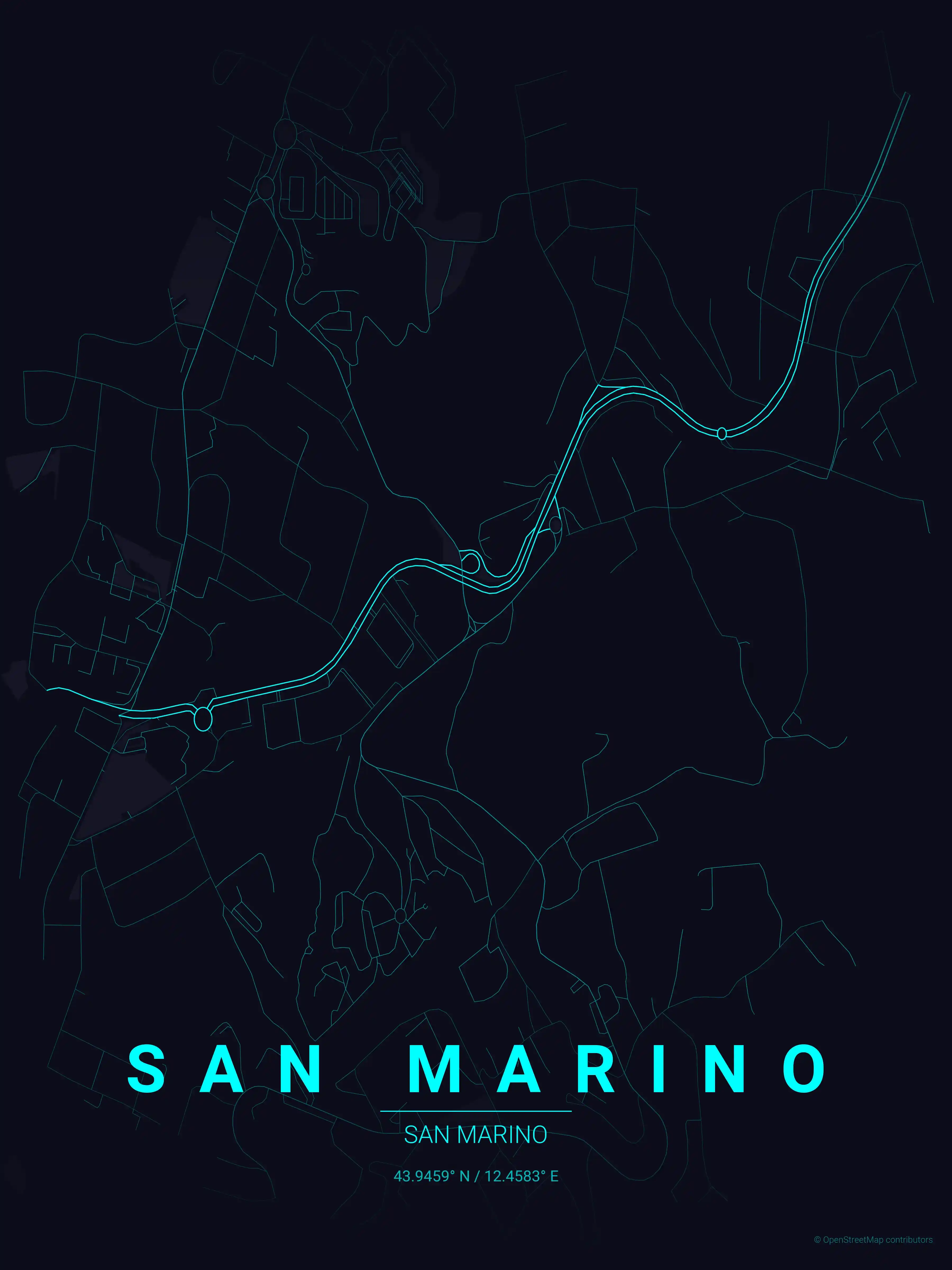 Minimalist neon_cyberpunk street map of San Marino, San Marino - Urban grid art
