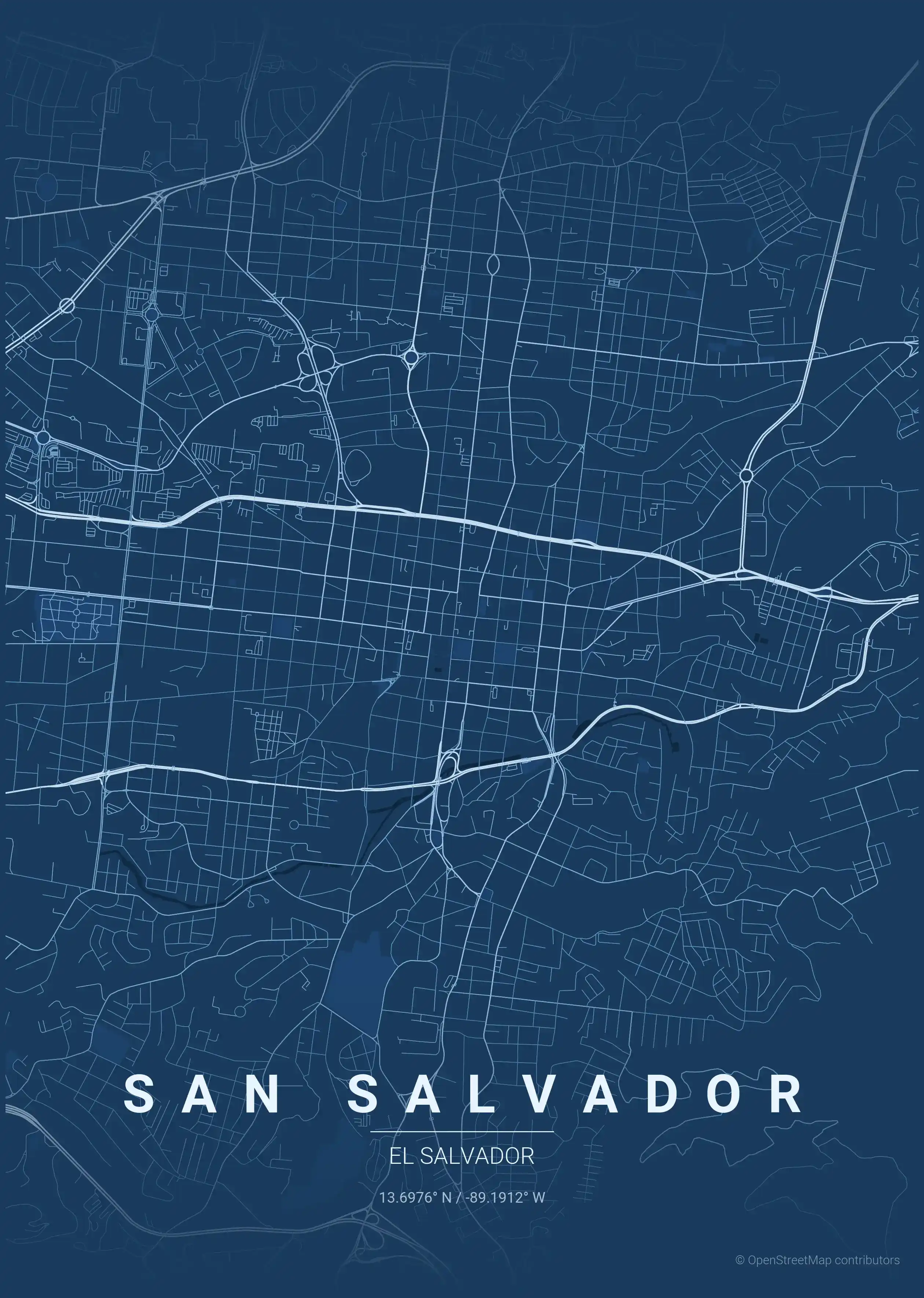 Minimalist blueprint street map of San Salvador, El Salvador - Urban grid art