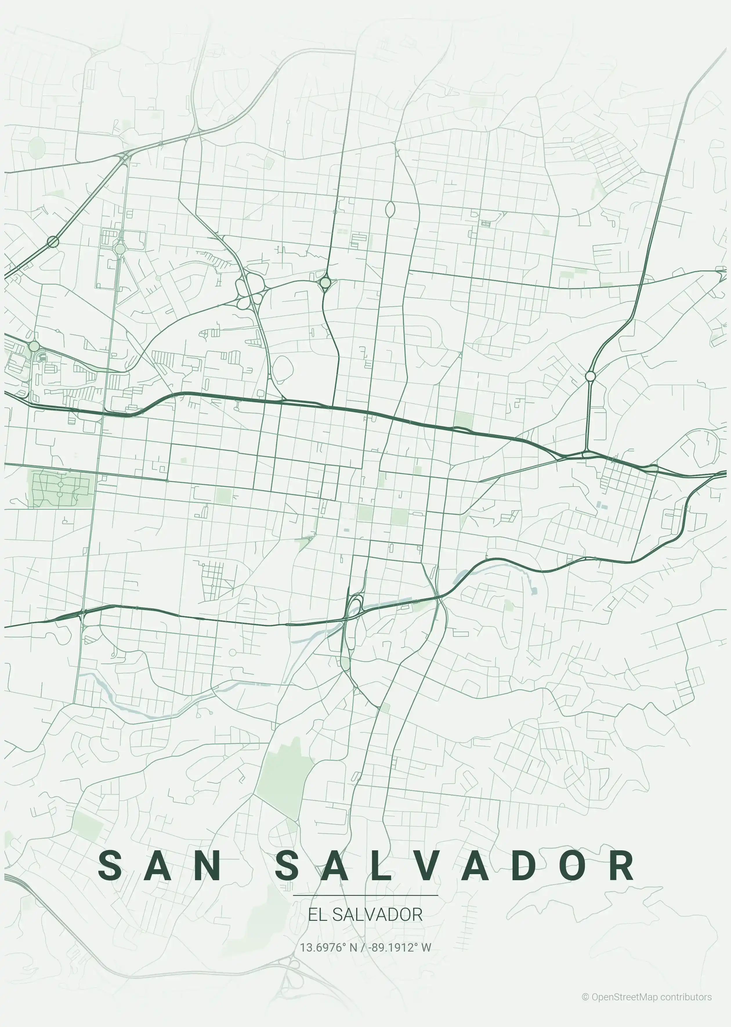 Minimalist forest street map of San Salvador, El Salvador - Urban grid art