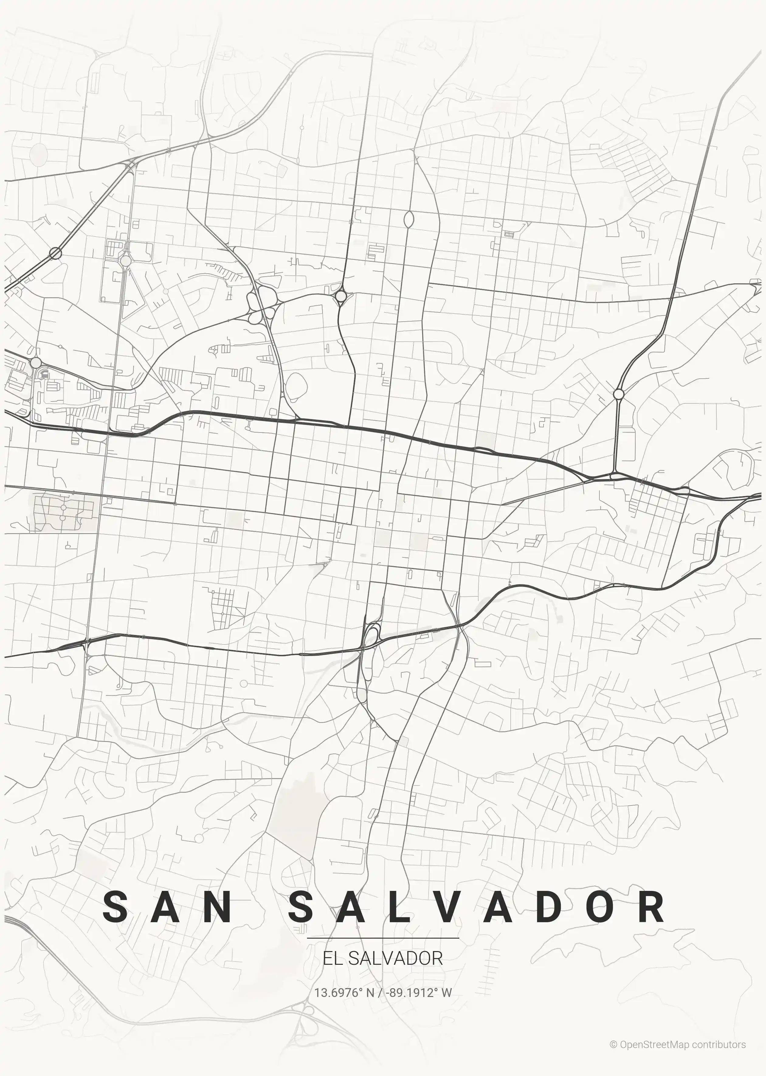 Minimalist japanese_ink street map of San Salvador, El Salvador - Urban grid art