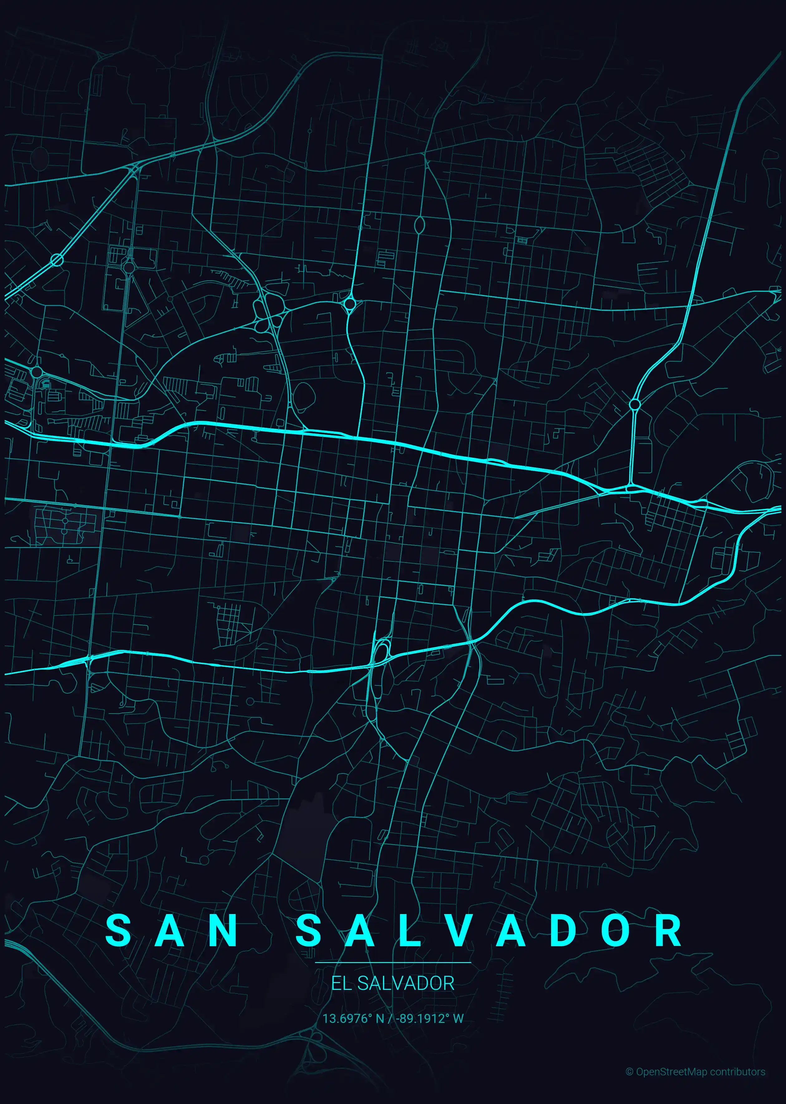 Minimalist neon_cyberpunk street map of San Salvador, El Salvador - Urban grid art