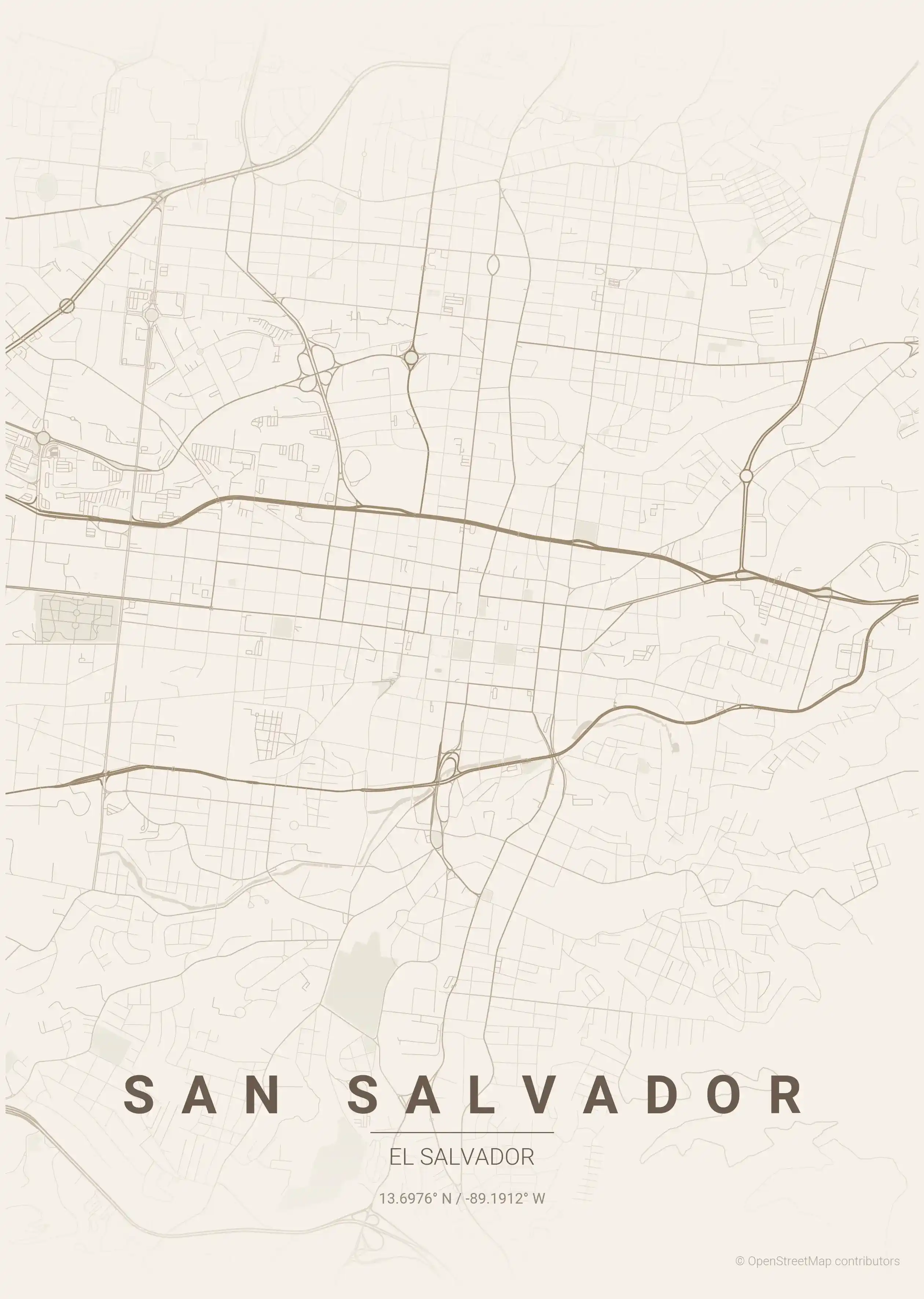 Minimalist warm_beige street map of San Salvador, El Salvador - Urban grid art