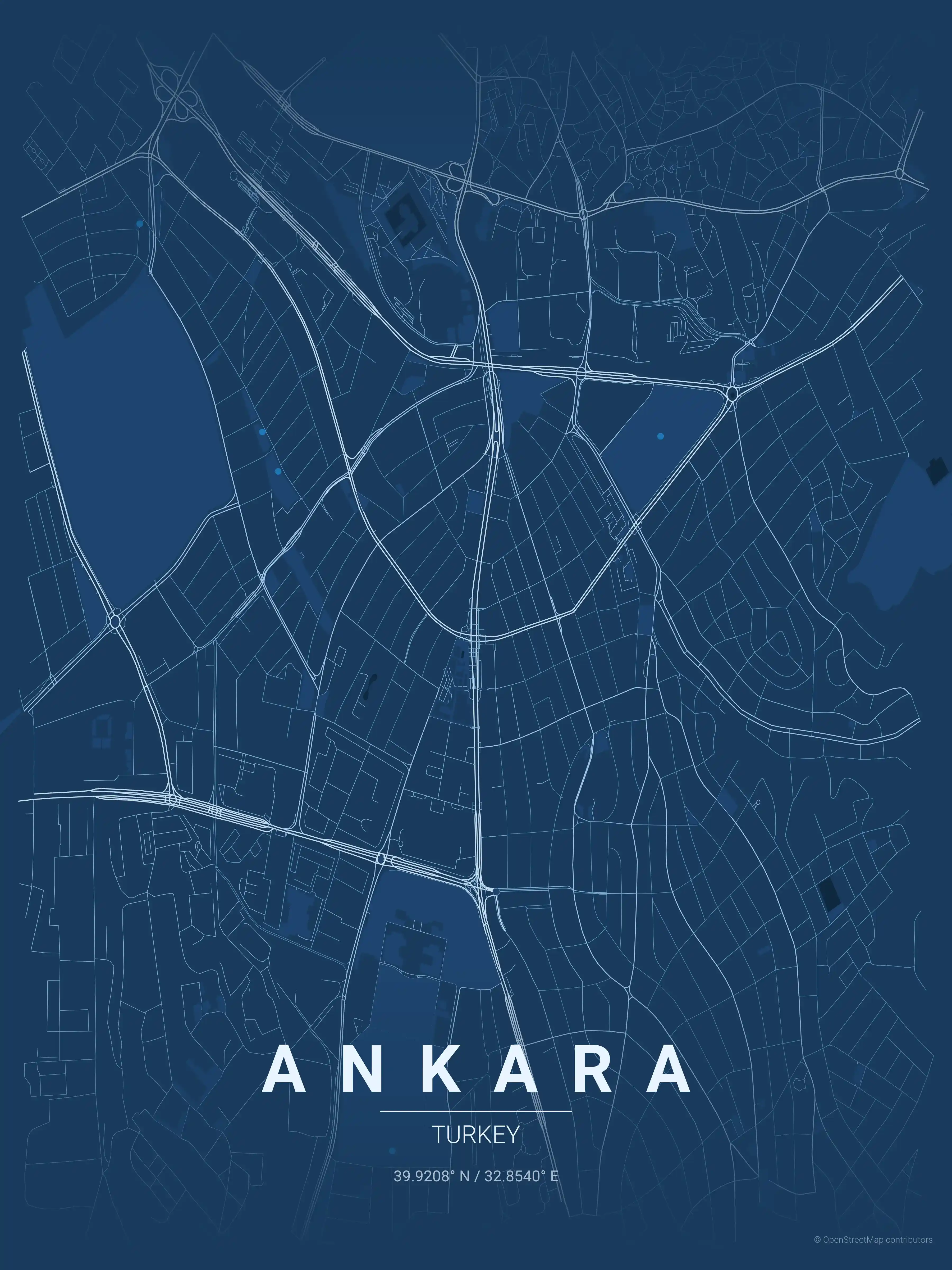 Minimalist blueprint street map of Ankara, Turkey - Urban grid art