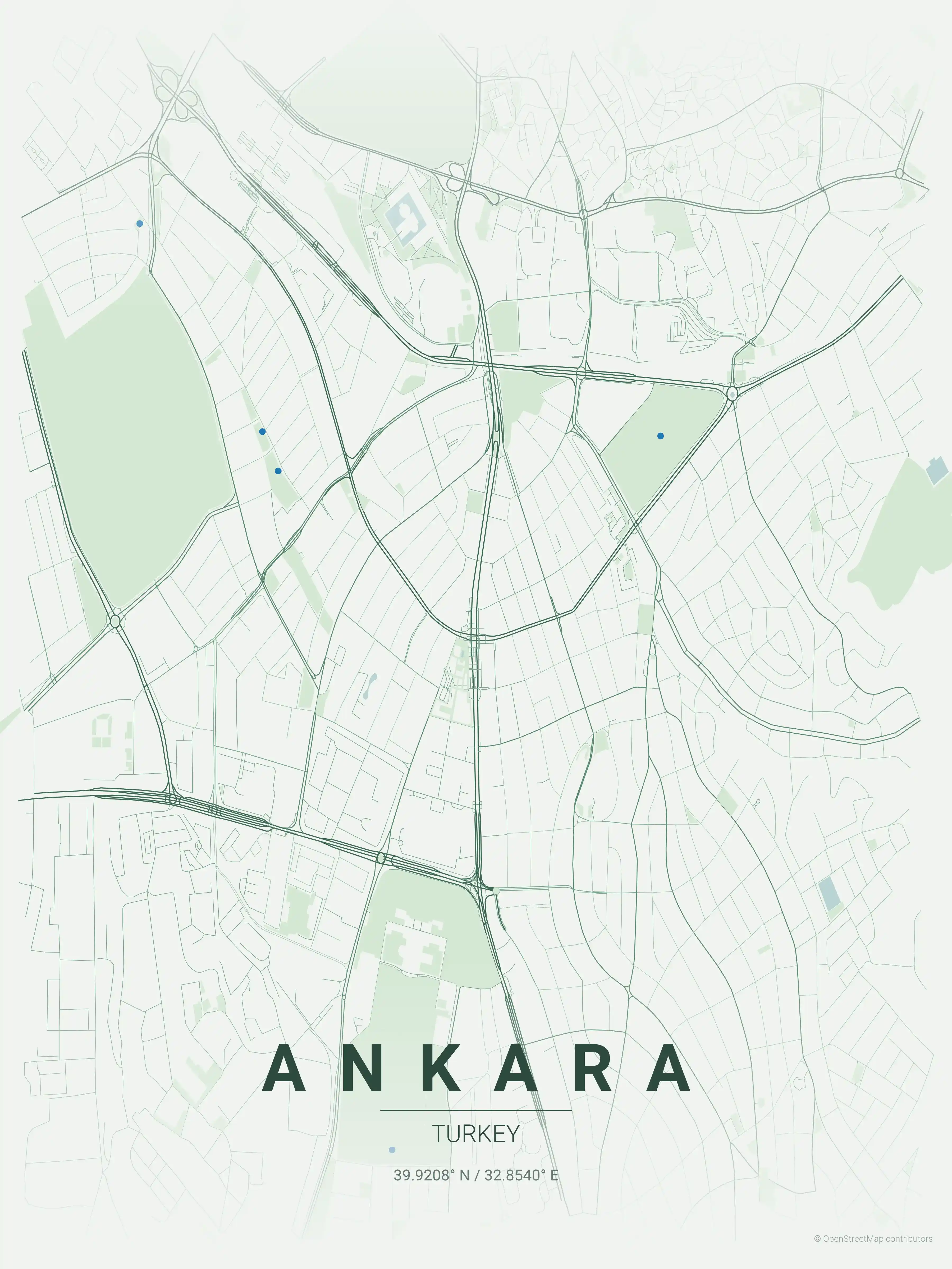 Minimalist forest street map of Ankara, Turkey - Urban grid art