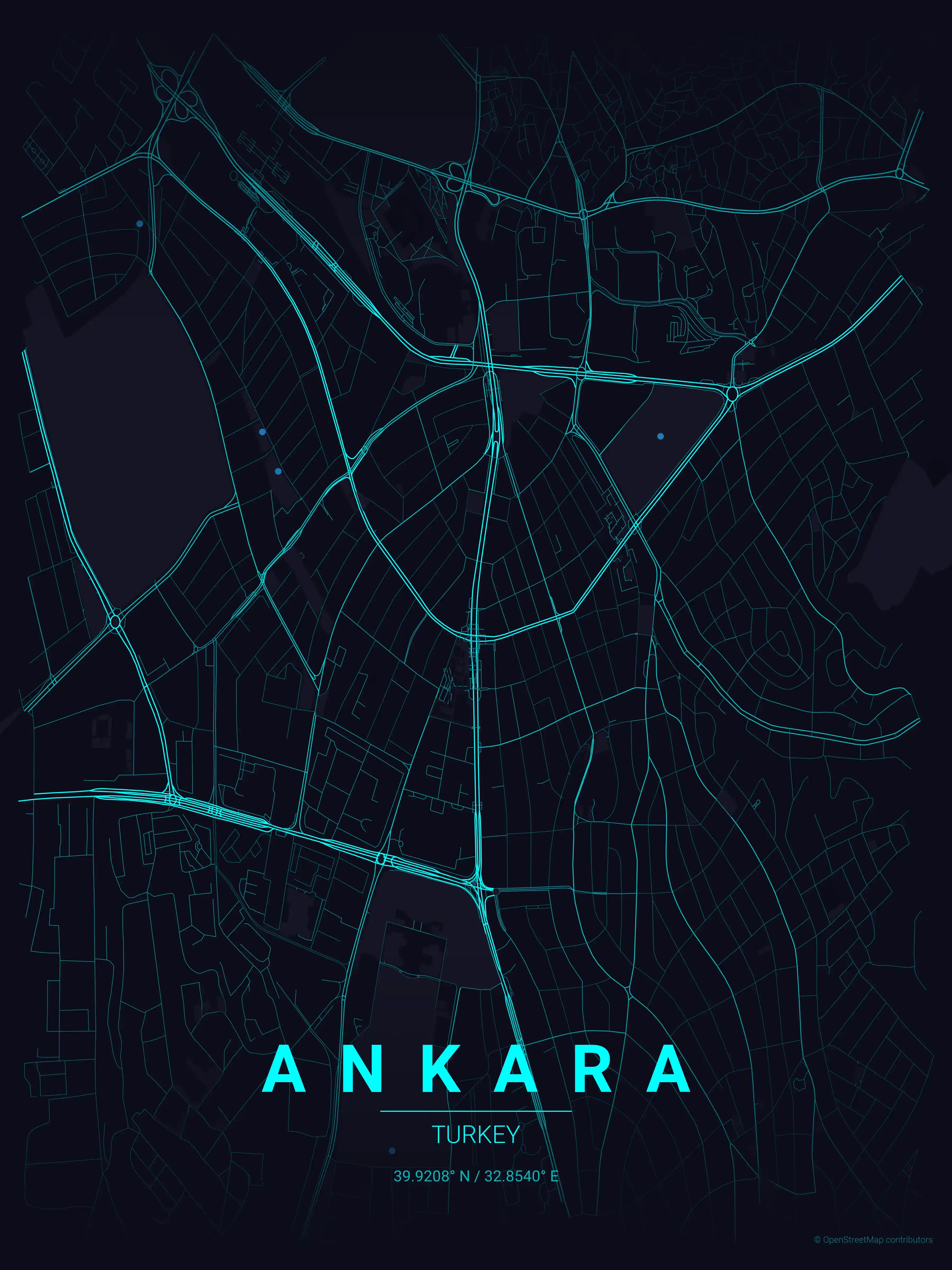 Minimalist neon_cyberpunk street map of Ankara, Turkey - Urban grid art