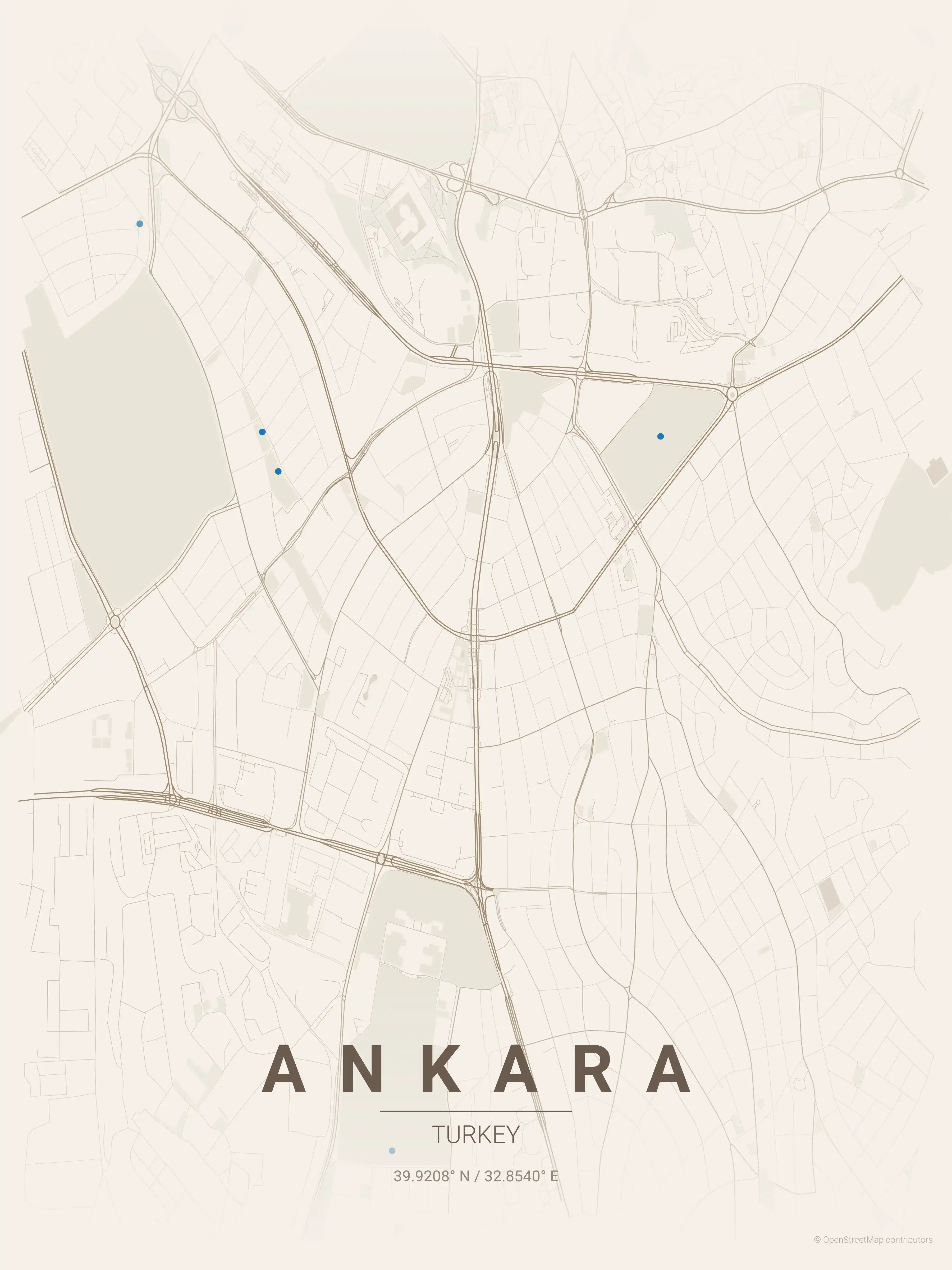 Minimalist warm_beige street map of Ankara, Turkey - Urban grid art