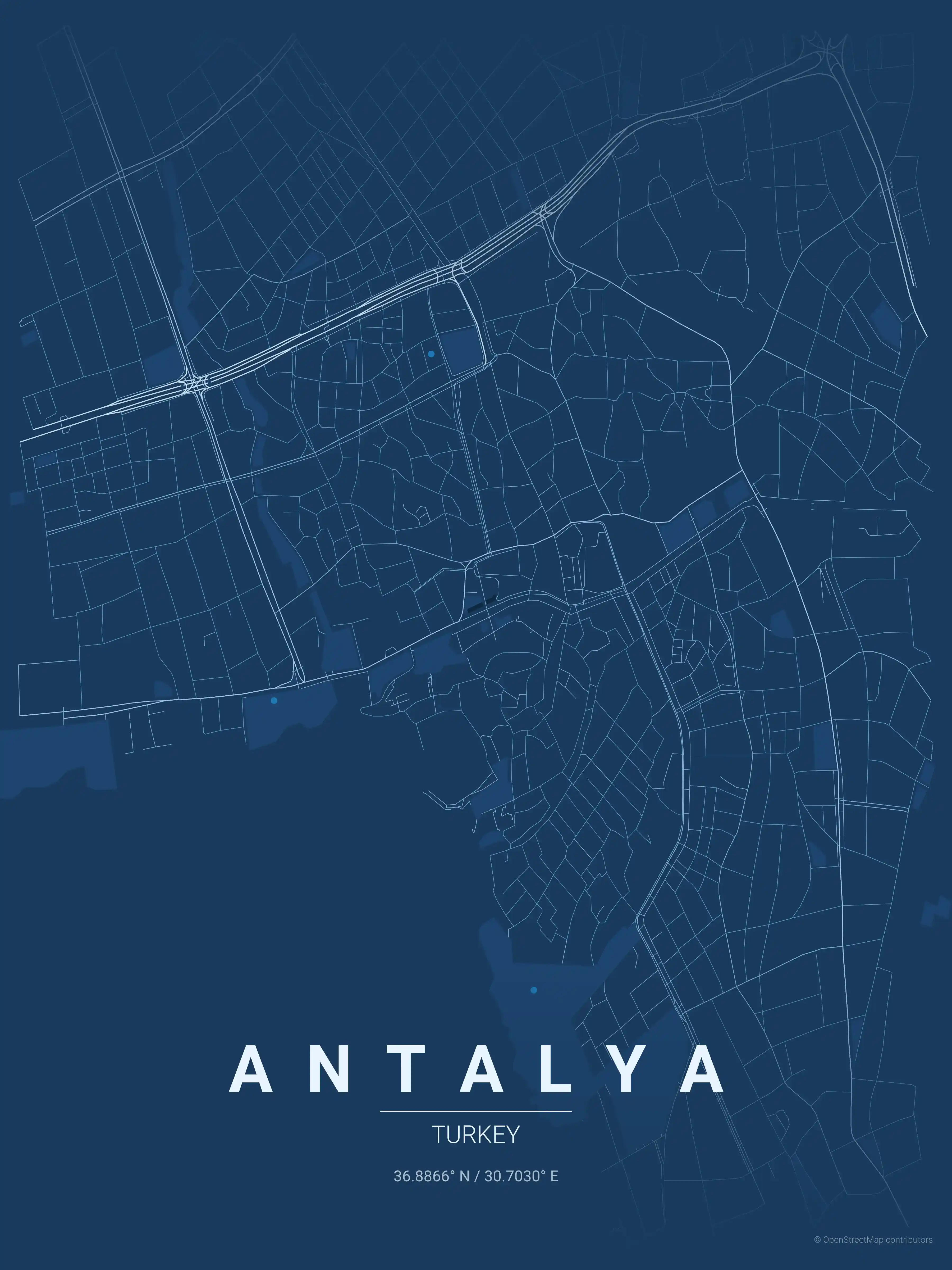 Minimalist blueprint street map of Antalya, Turkey - Urban grid art