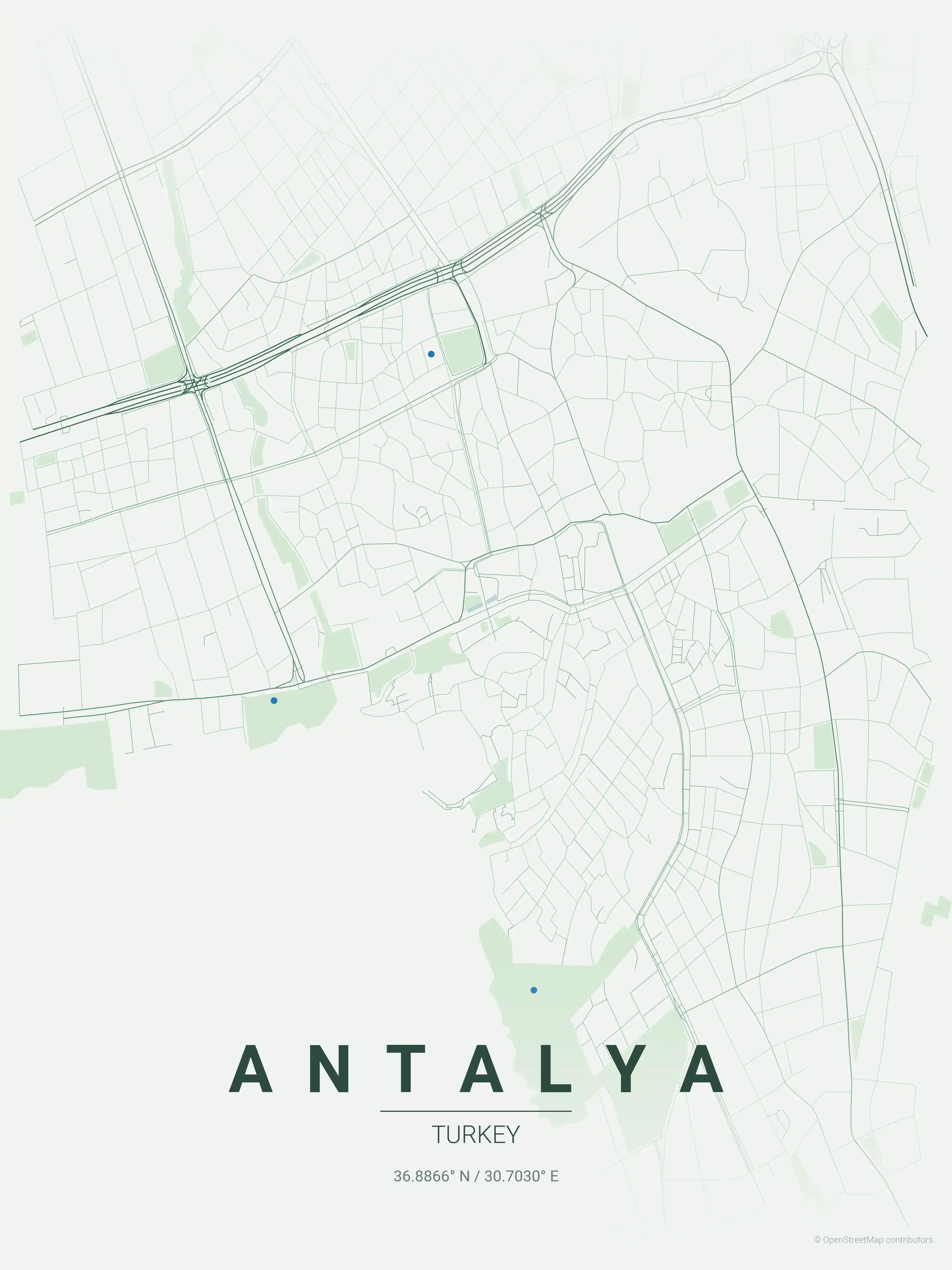 Minimalist forest street map of Antalya, Turkey - Urban grid art