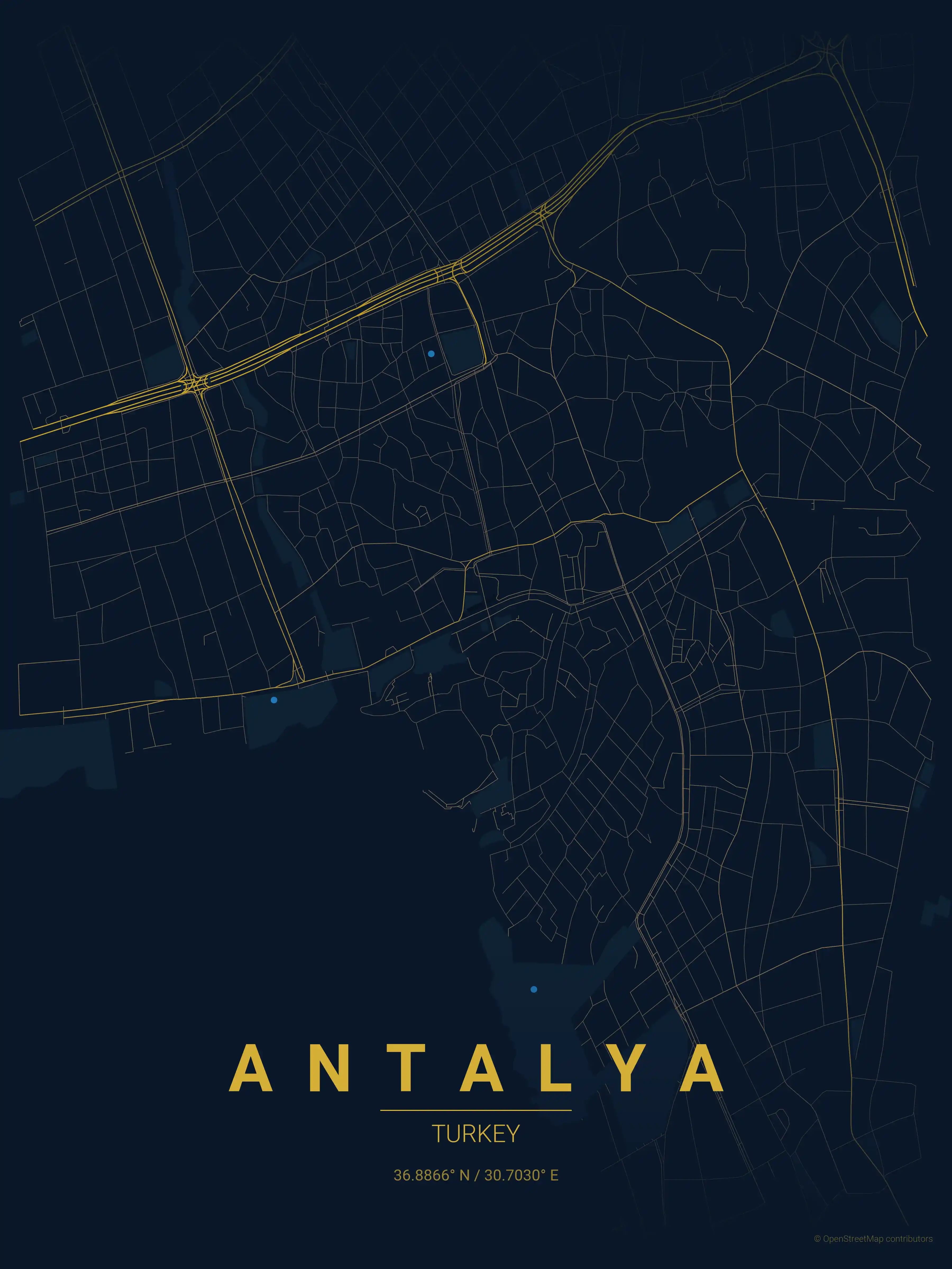 Minimalist midnight_blue street map of Antalya, Turkey - Urban grid art