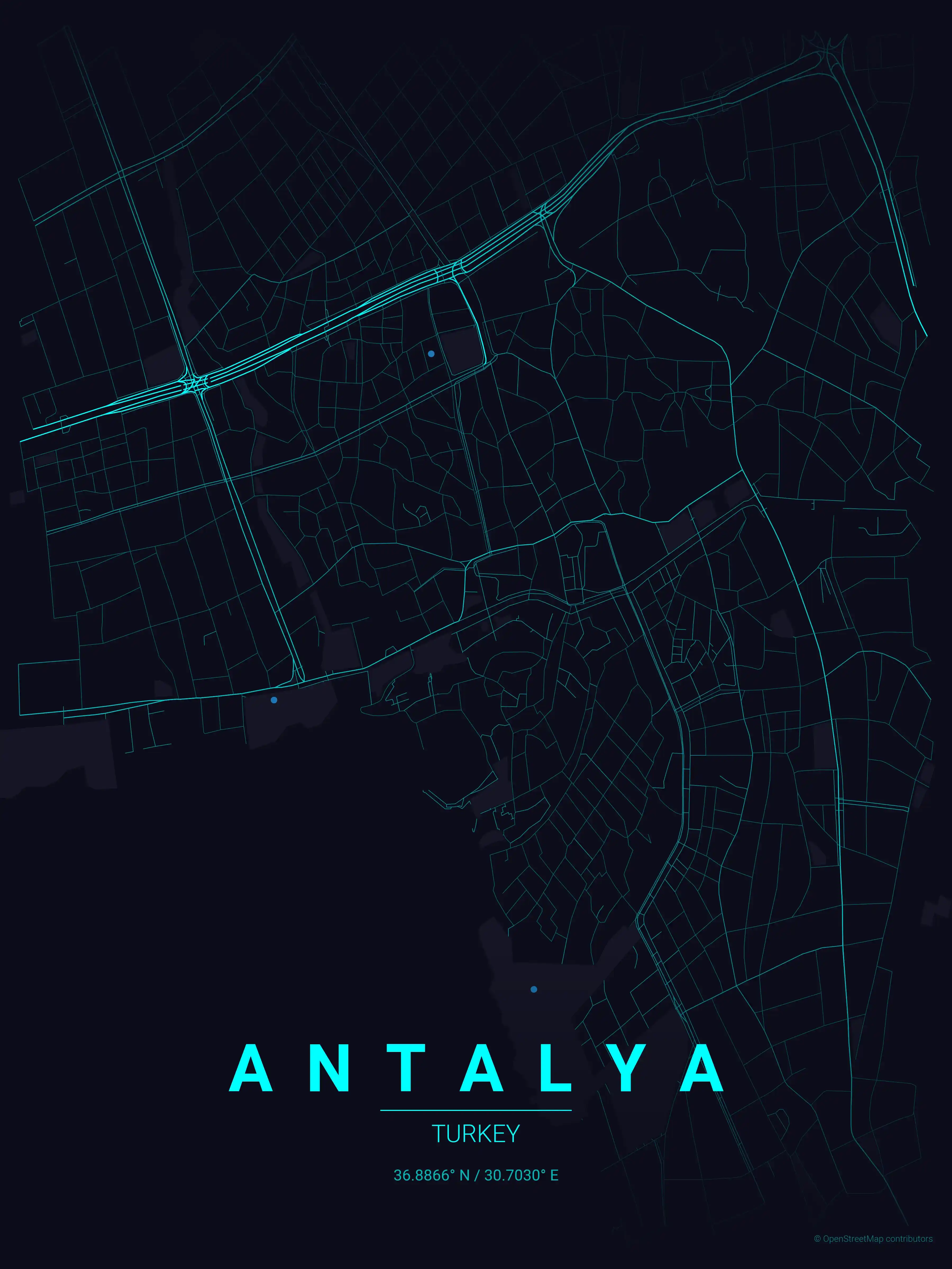 Minimalist neon_cyberpunk street map of Antalya, Turkey - Urban grid art