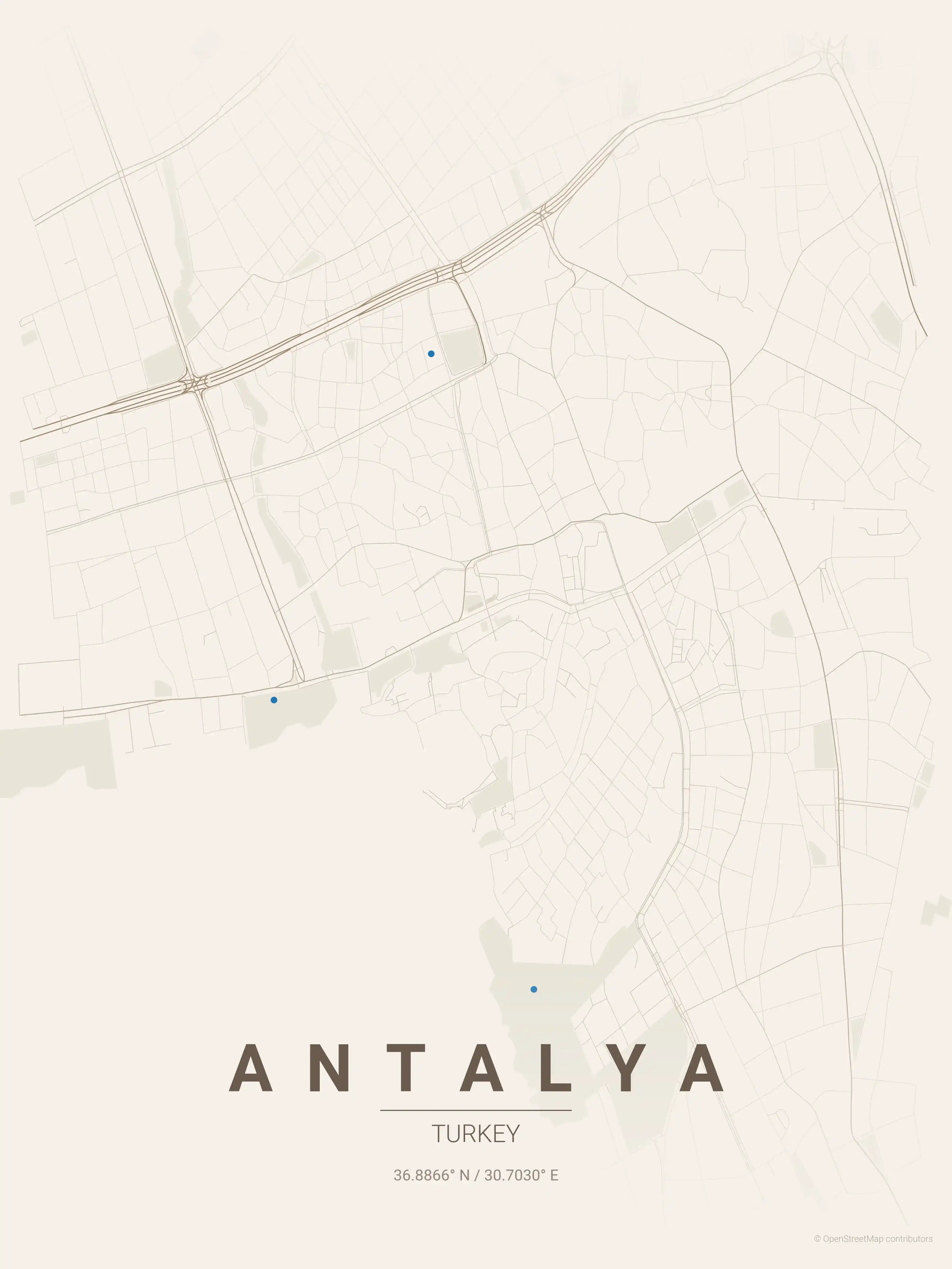 Minimalist warm_beige street map of Antalya, Turkey - Urban grid art