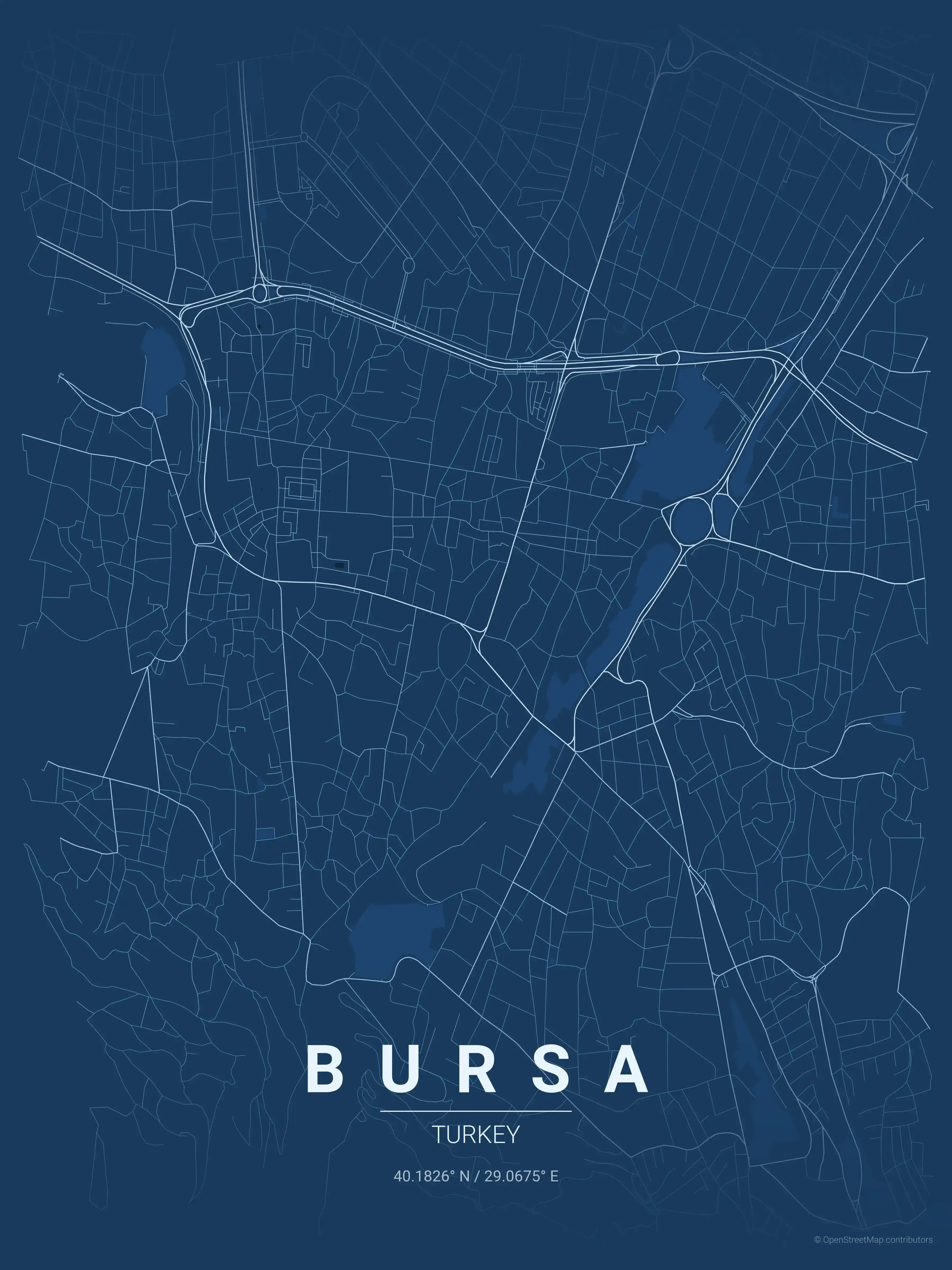 Minimalist blueprint street map of Bursa, Turkey - Urban grid art