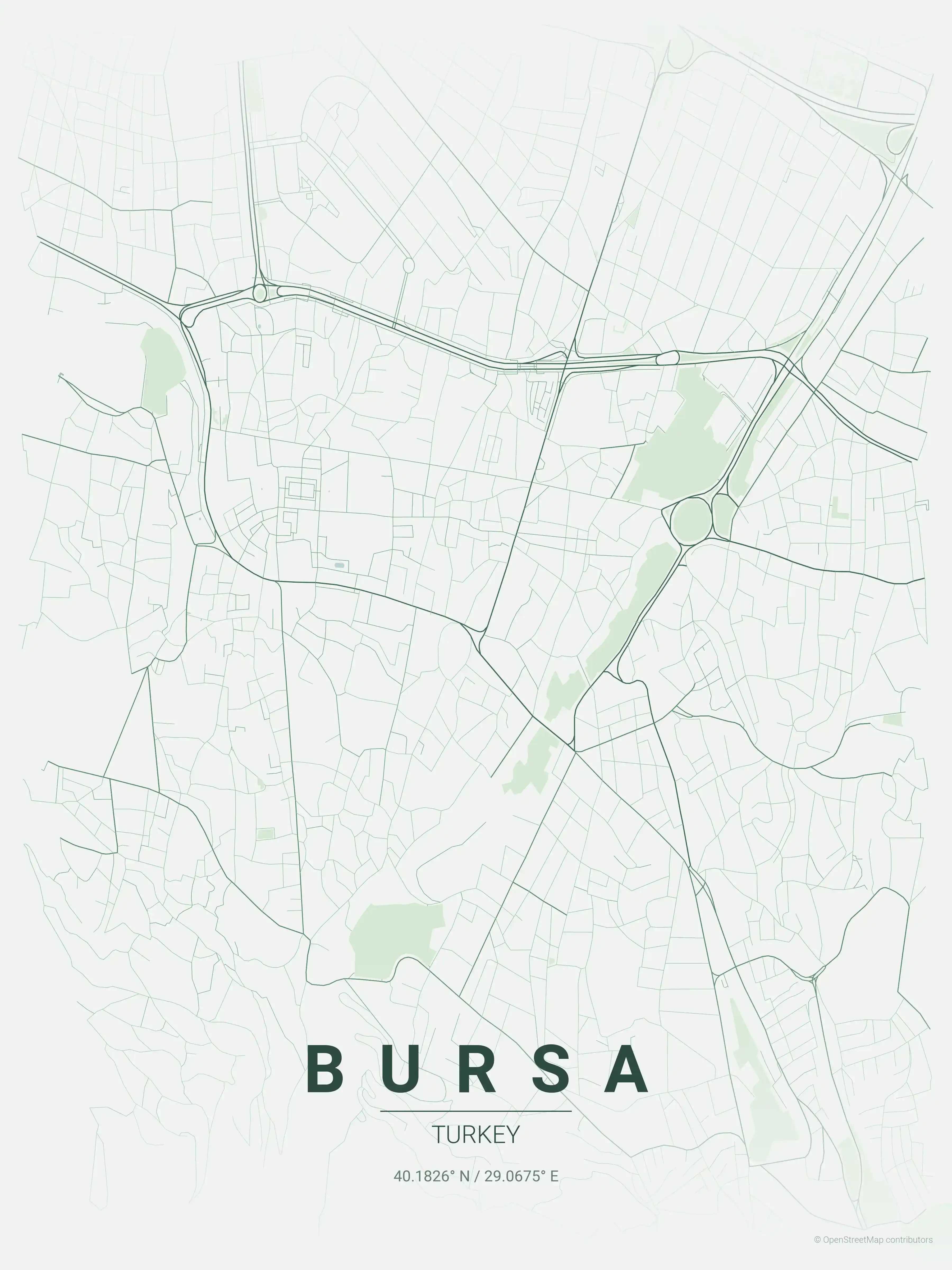 Minimalist forest street map of Bursa, Turkey - Urban grid art