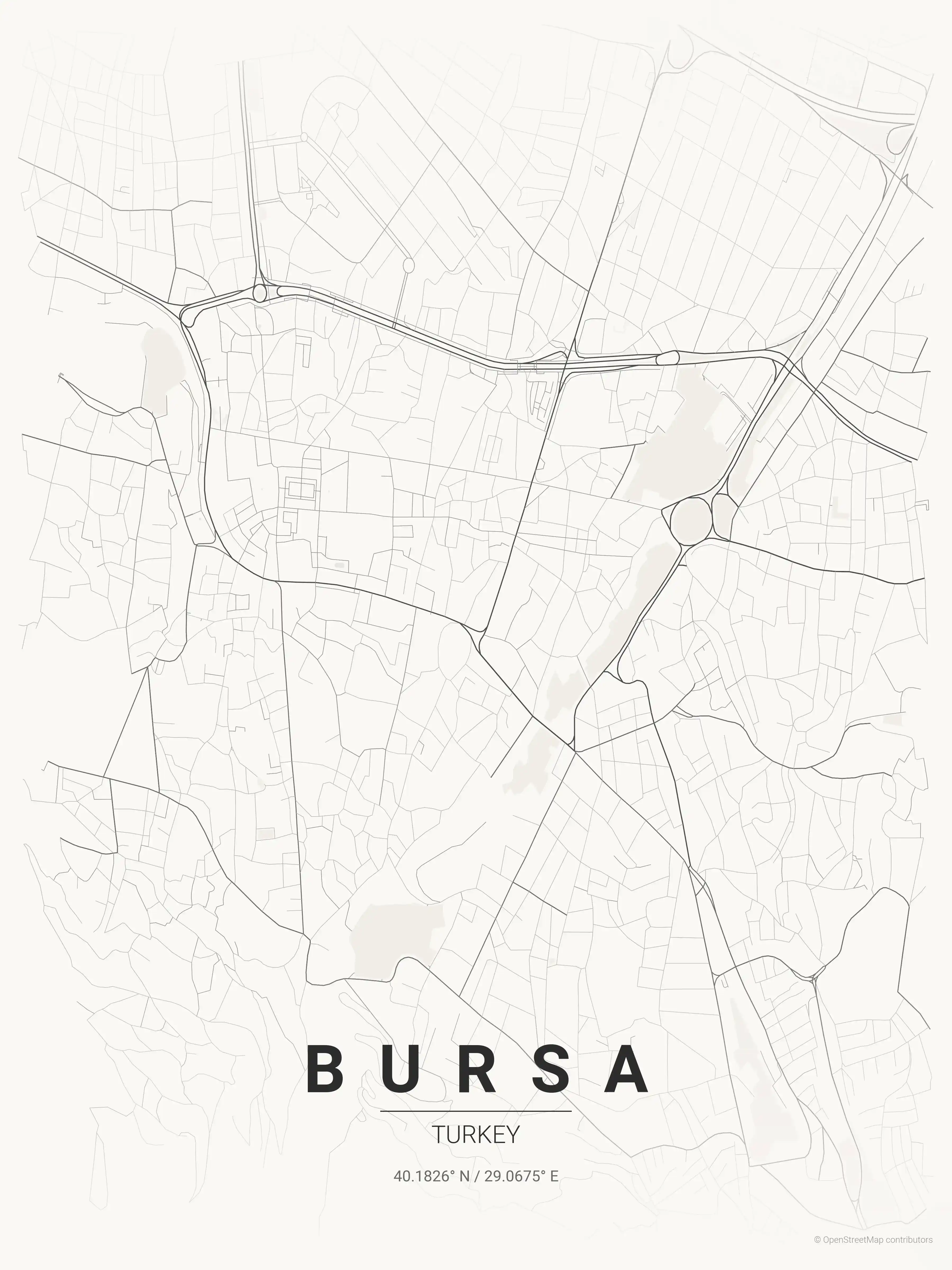 Minimalist japanese_ink street map of Bursa, Turkey - Urban grid art