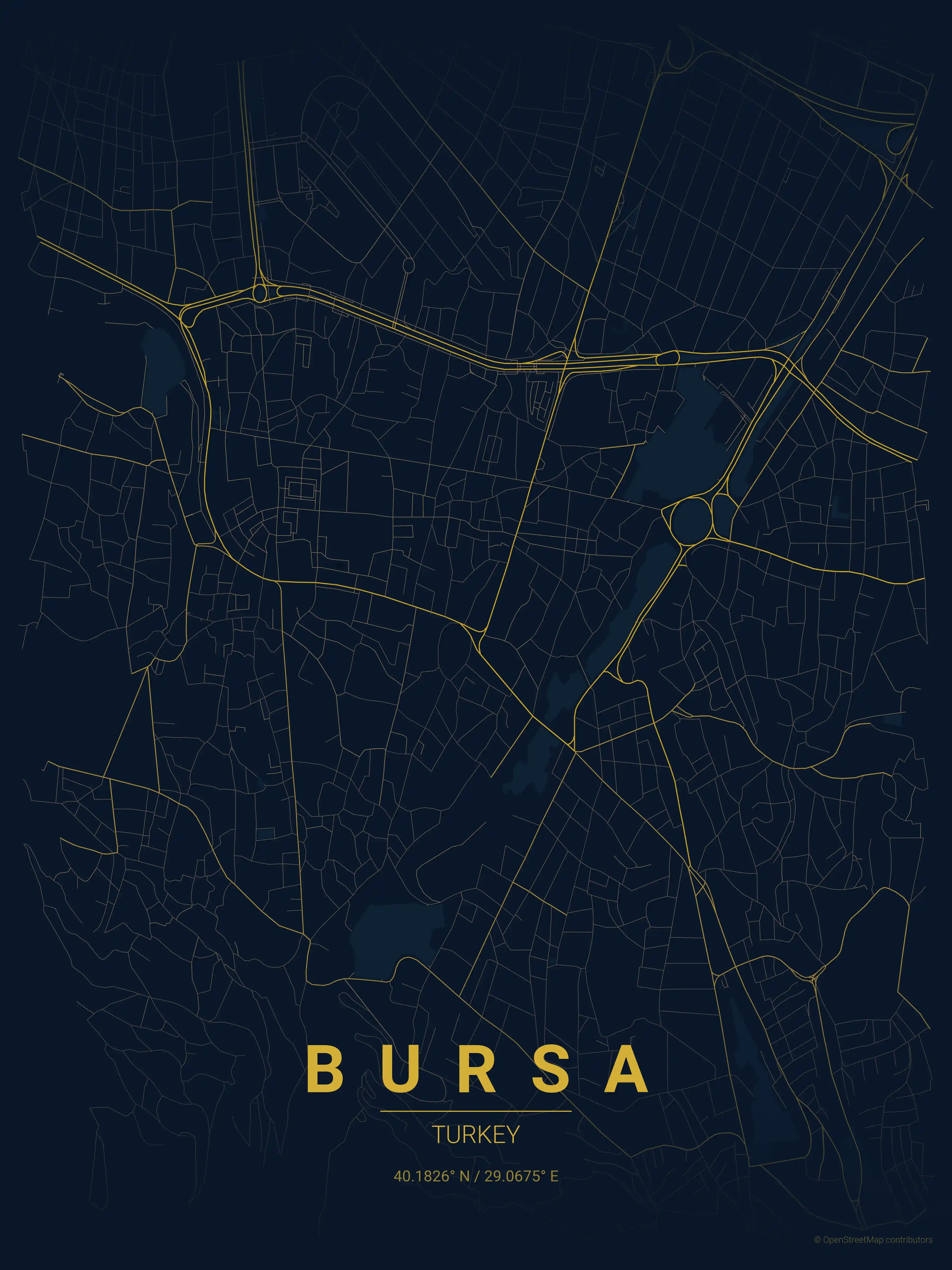 Minimalist midnight_blue street map of Bursa, Turkey - Urban grid art