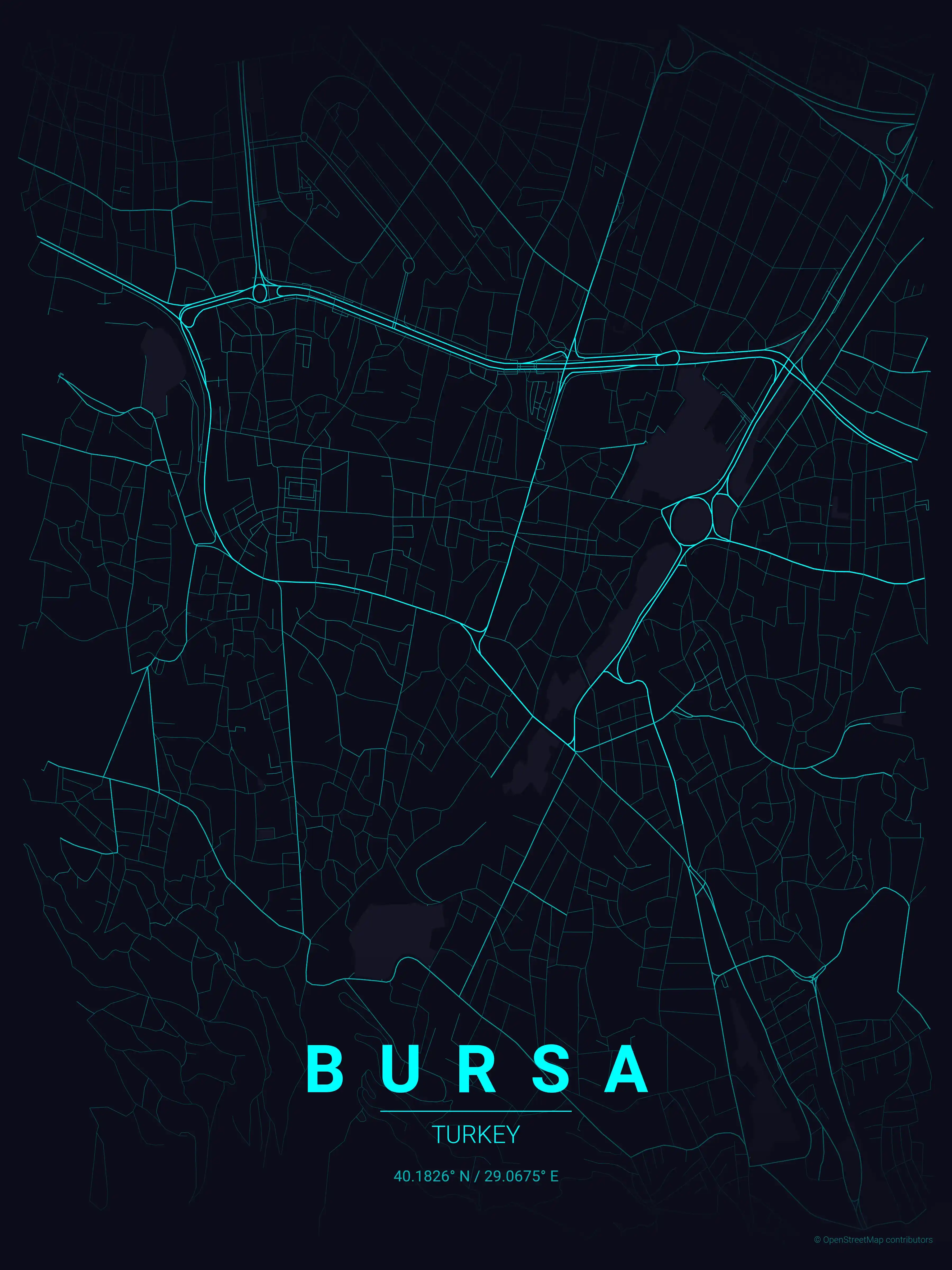 Minimalist neon_cyberpunk street map of Bursa, Turkey - Urban grid art