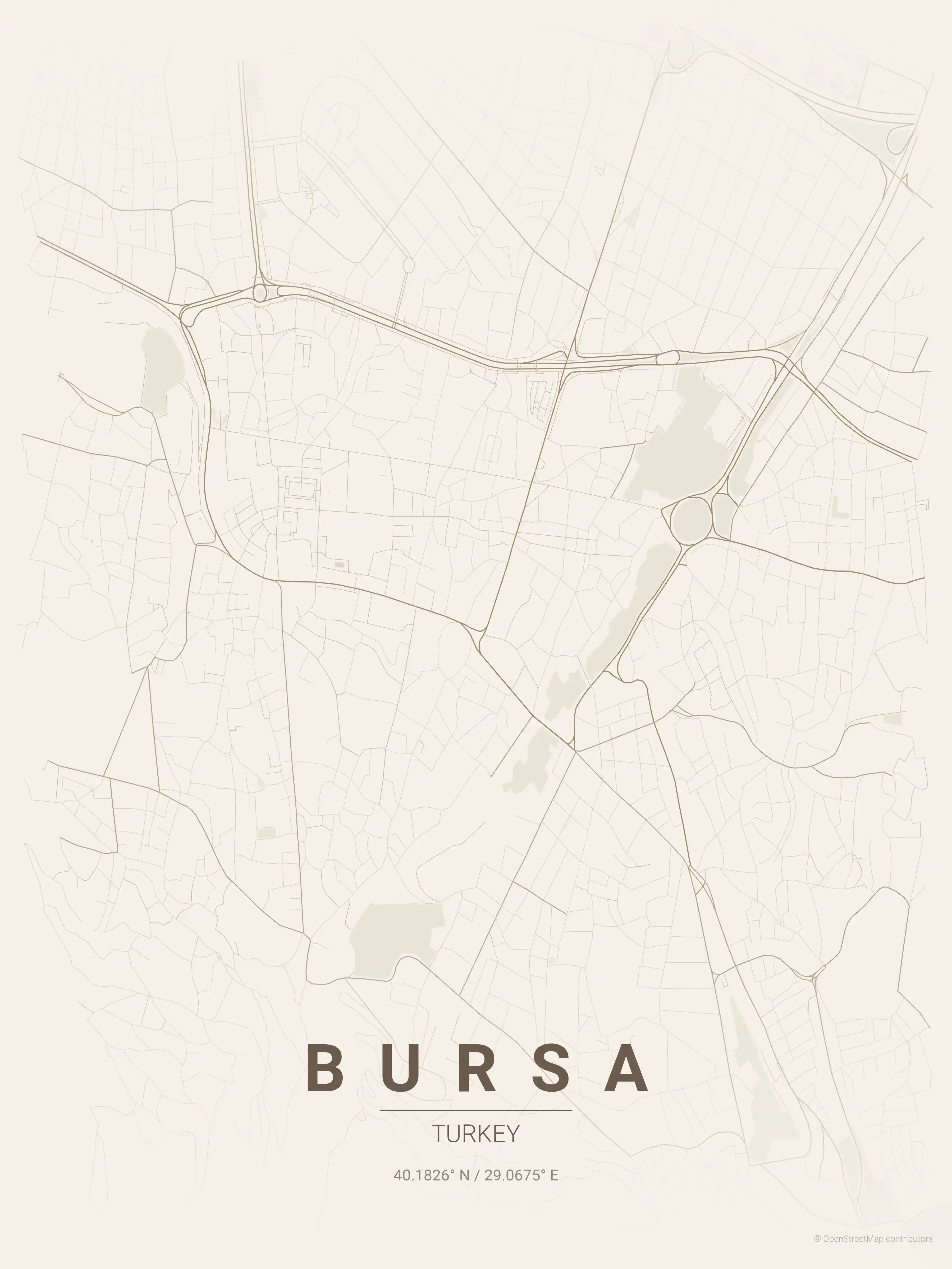 Minimalist warm_beige street map of Bursa, Turkey - Urban grid art