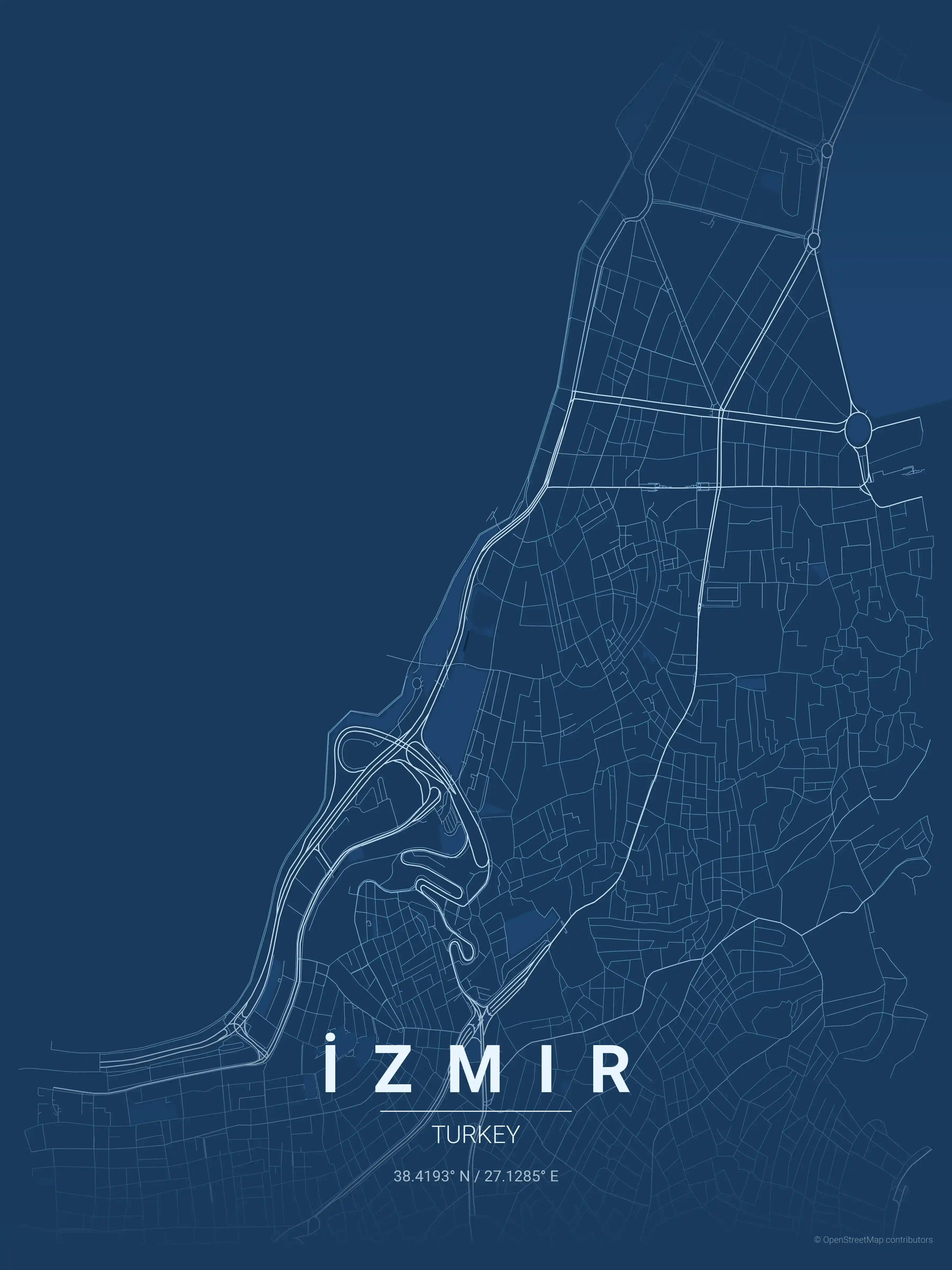 Minimalist blueprint street map of İzmir, Turkey - Urban grid art