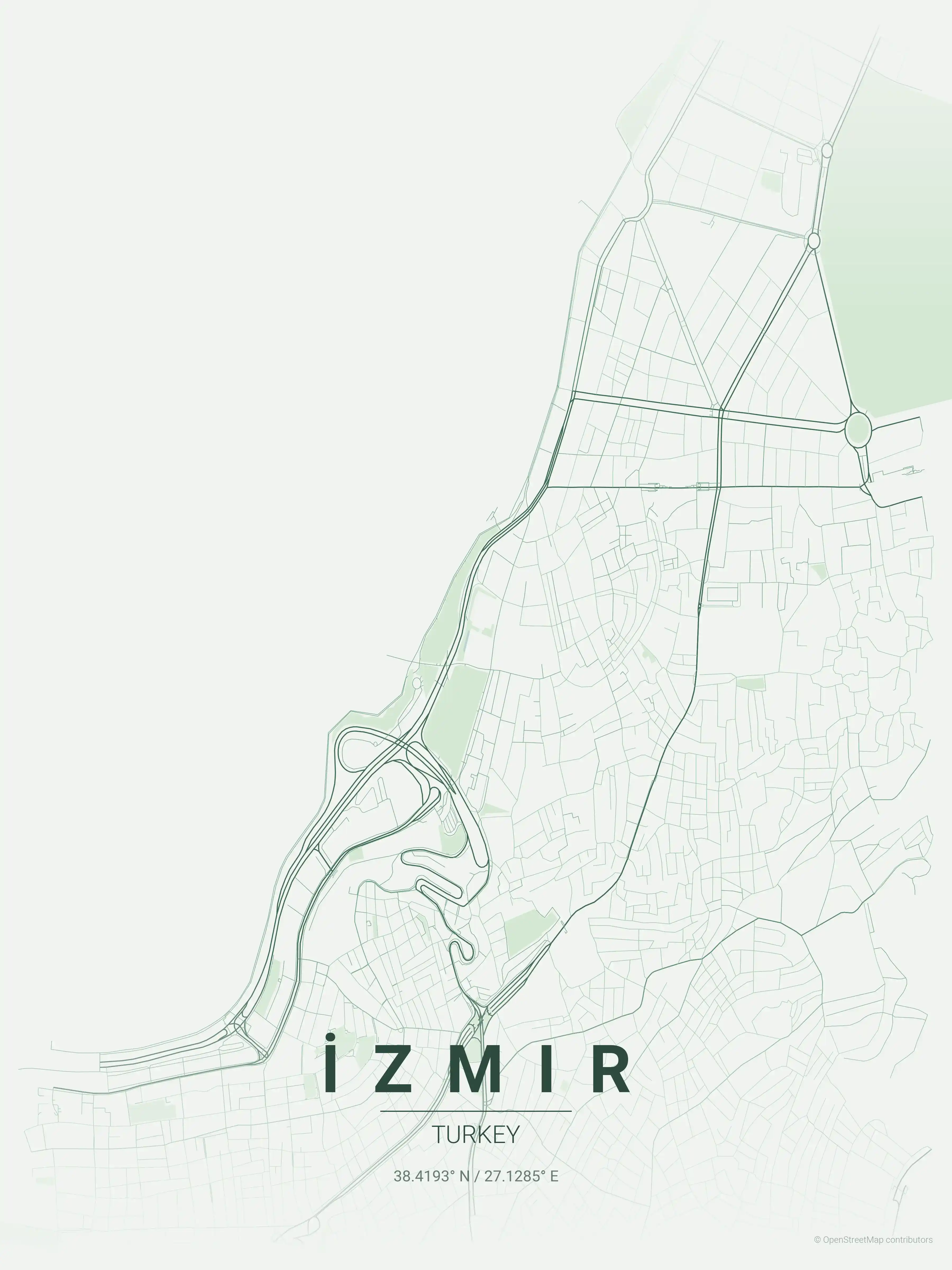 Minimalist forest street map of İzmir, Turkey - Urban grid art