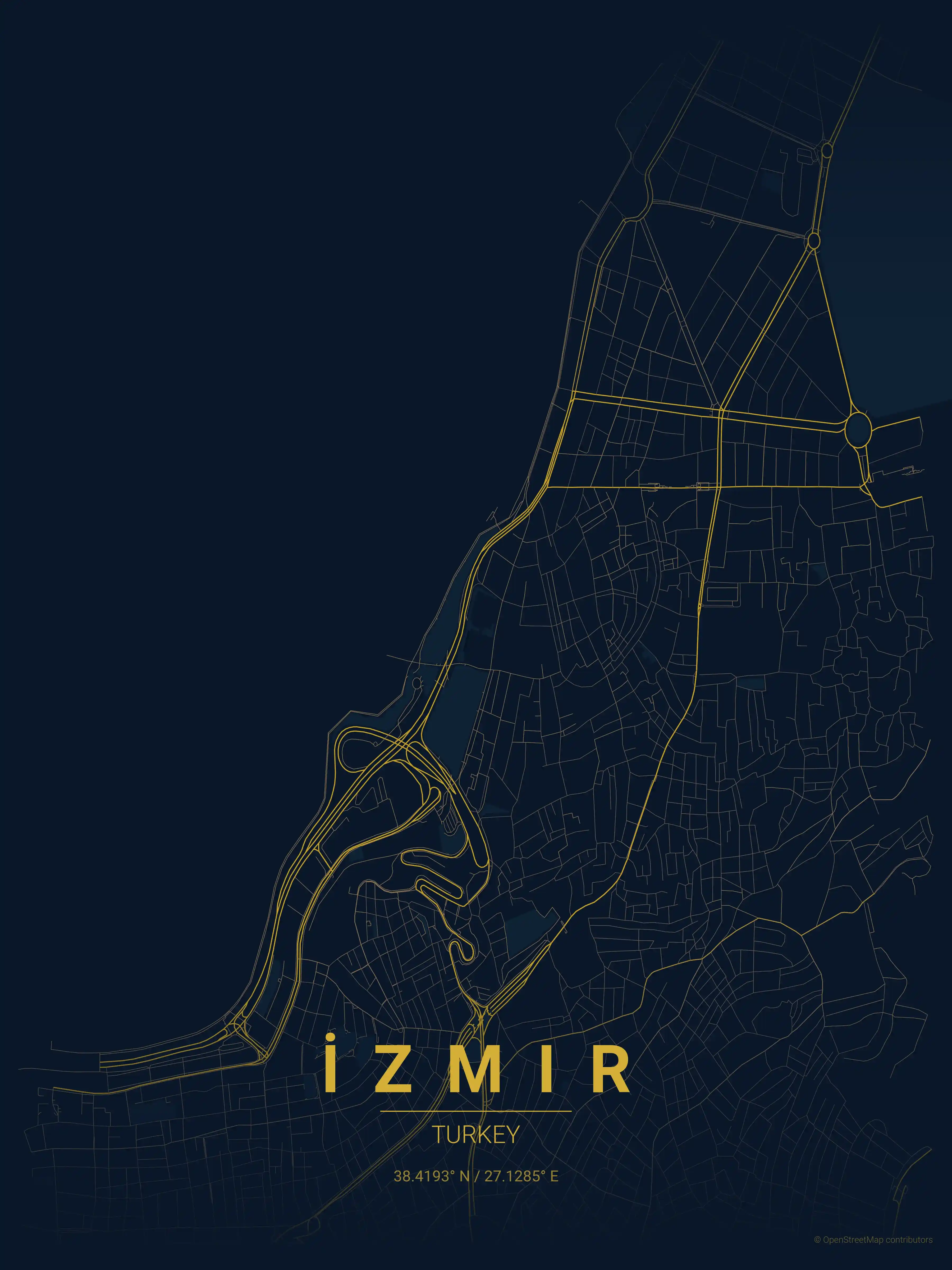 Minimalist midnight_blue street map of İzmir, Turkey - Urban grid art