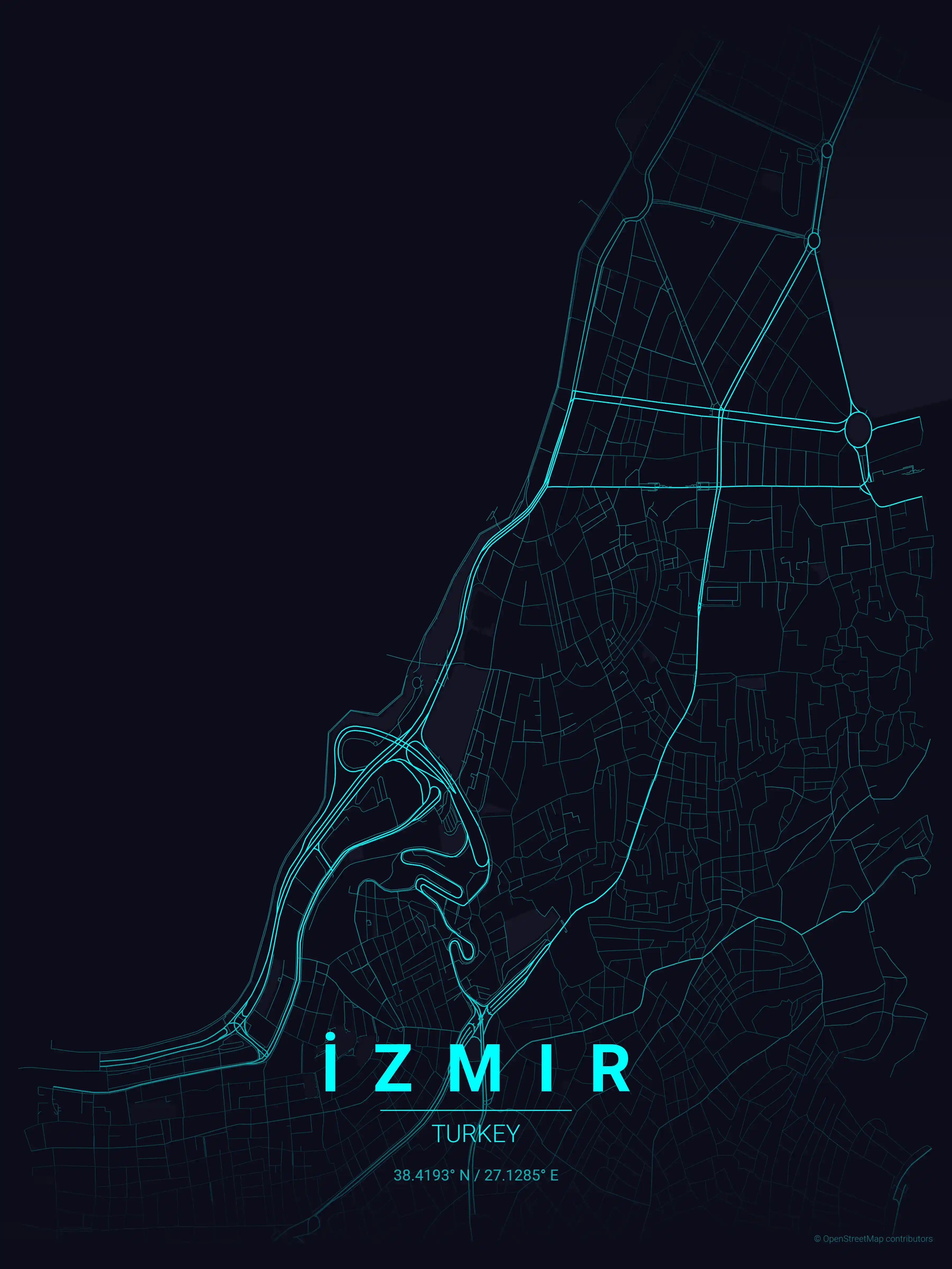 Minimalist neon_cyberpunk street map of İzmir, Turkey - Urban grid art
