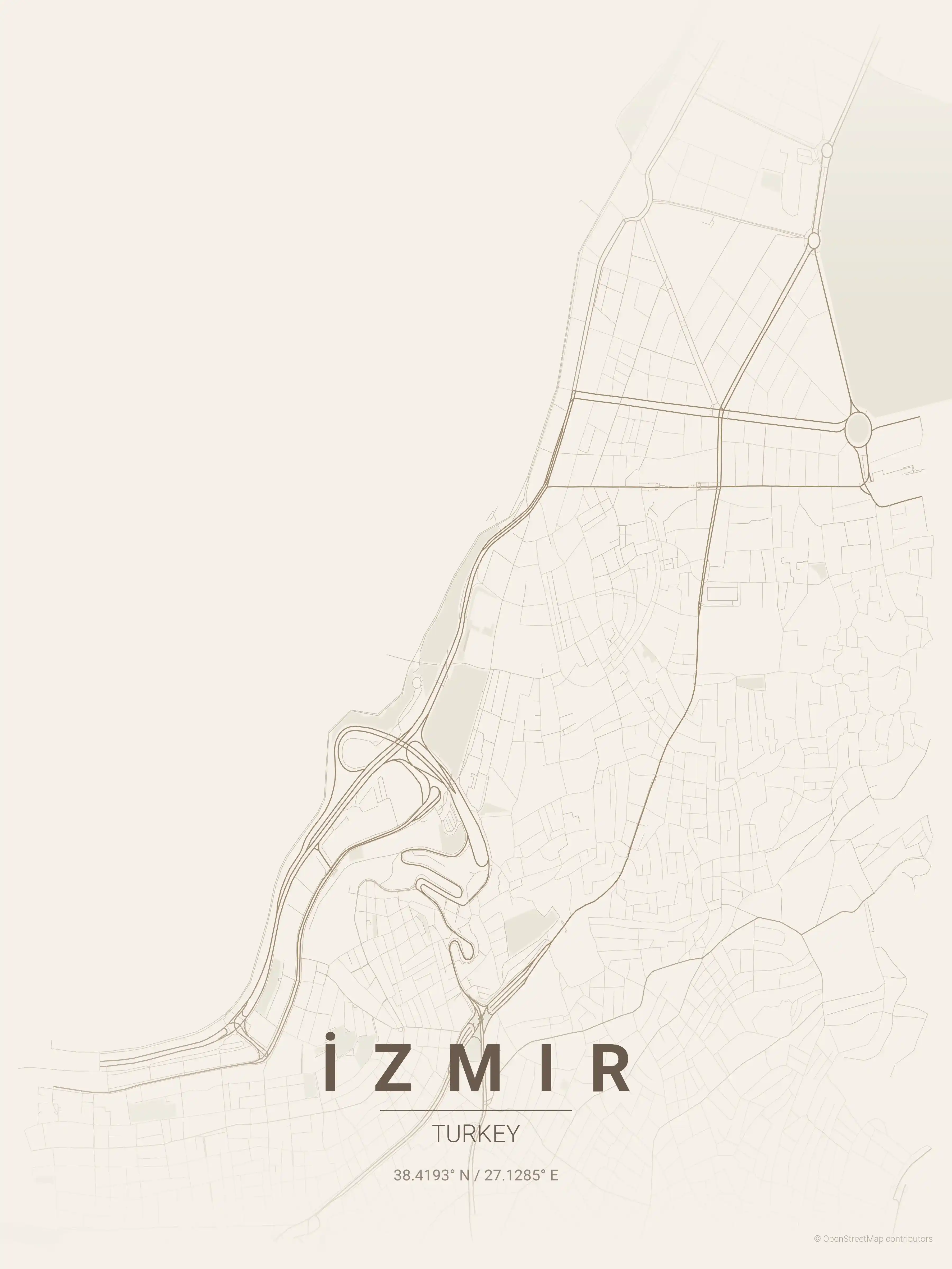 Minimalist warm_beige street map of İzmir, Turkey - Urban grid art