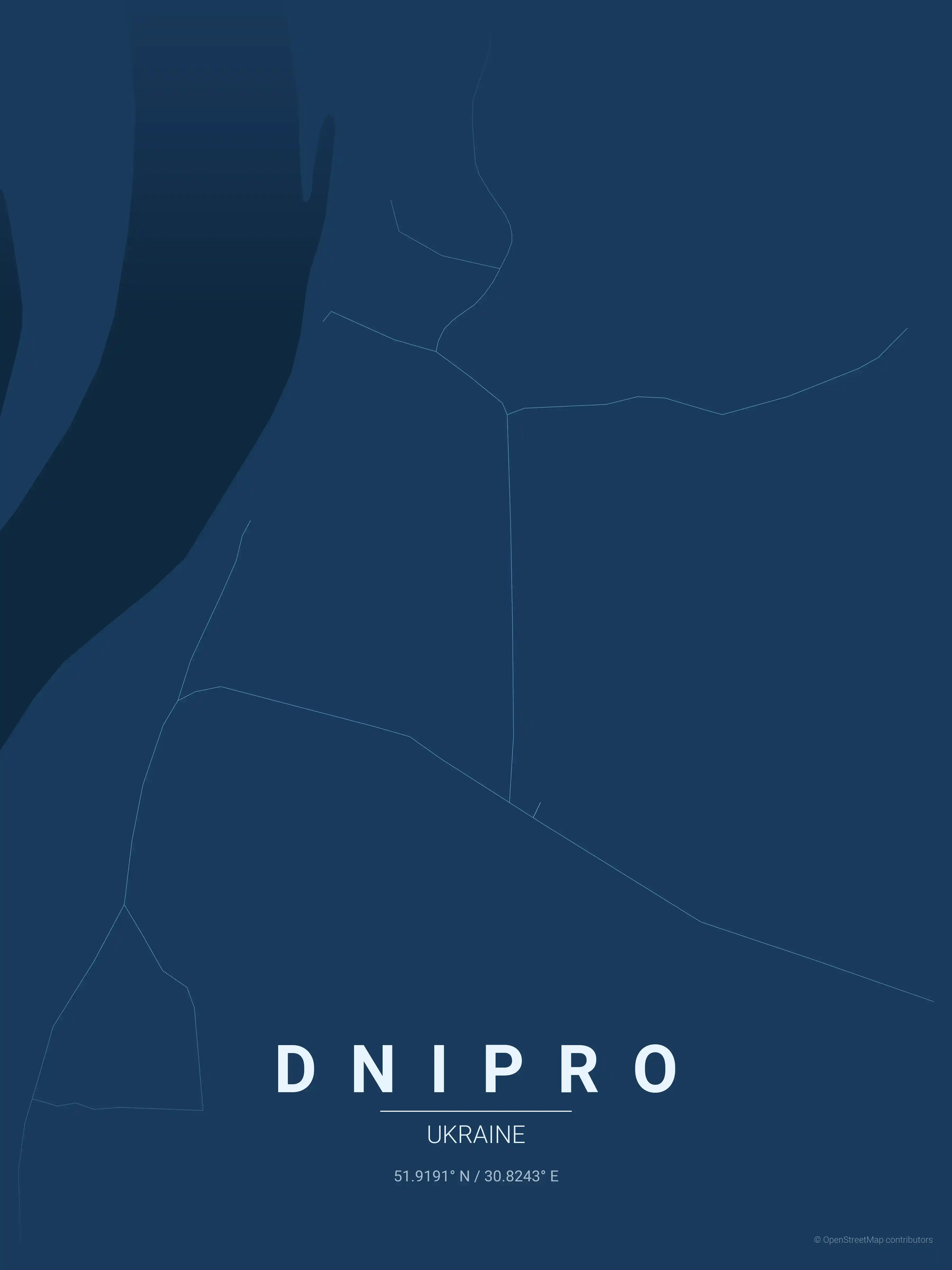 Minimalist blueprint street map of Dnipro, Ukraine - Urban grid art
