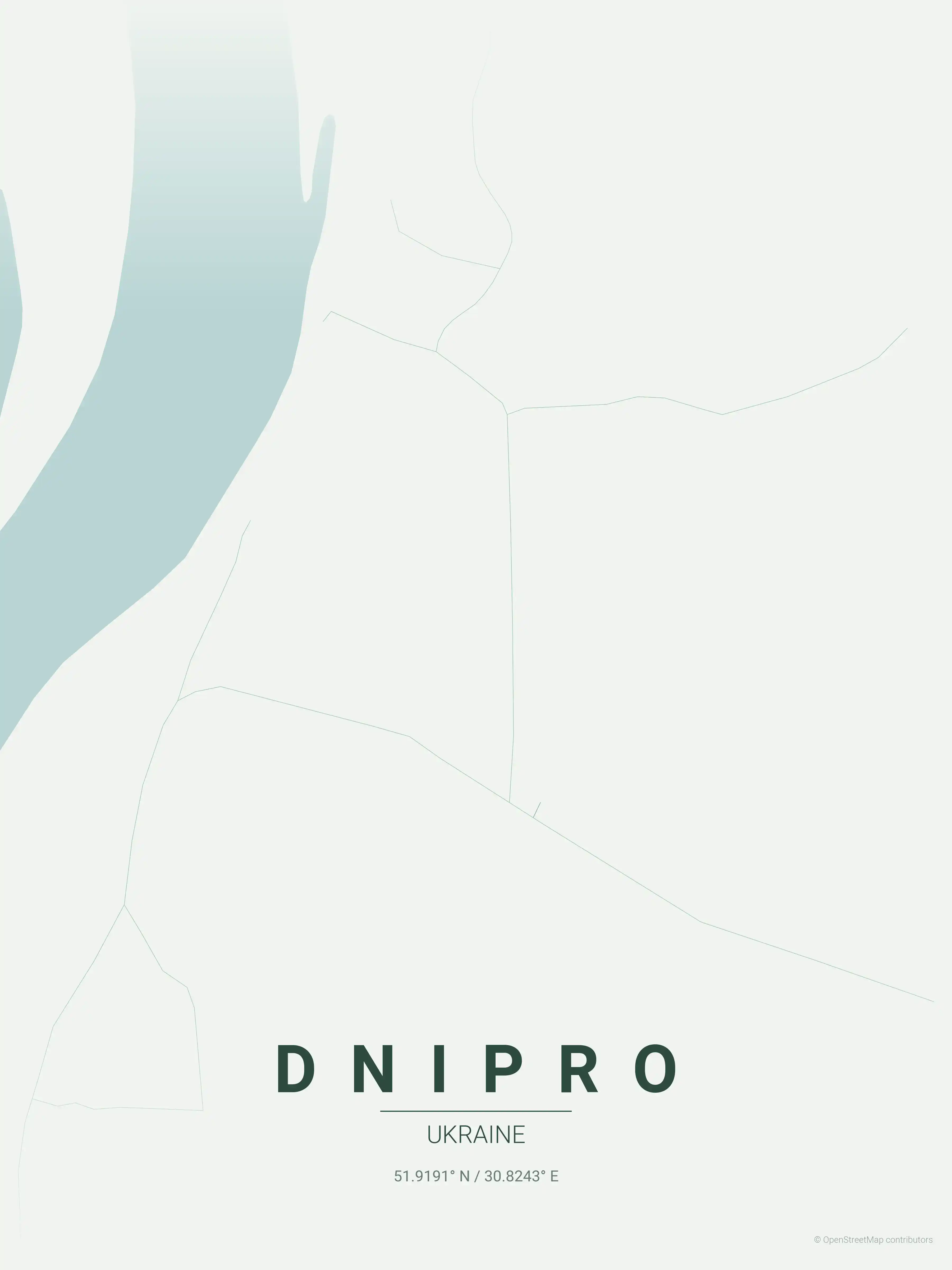 Minimalist forest street map of Dnipro, Ukraine - Urban grid art