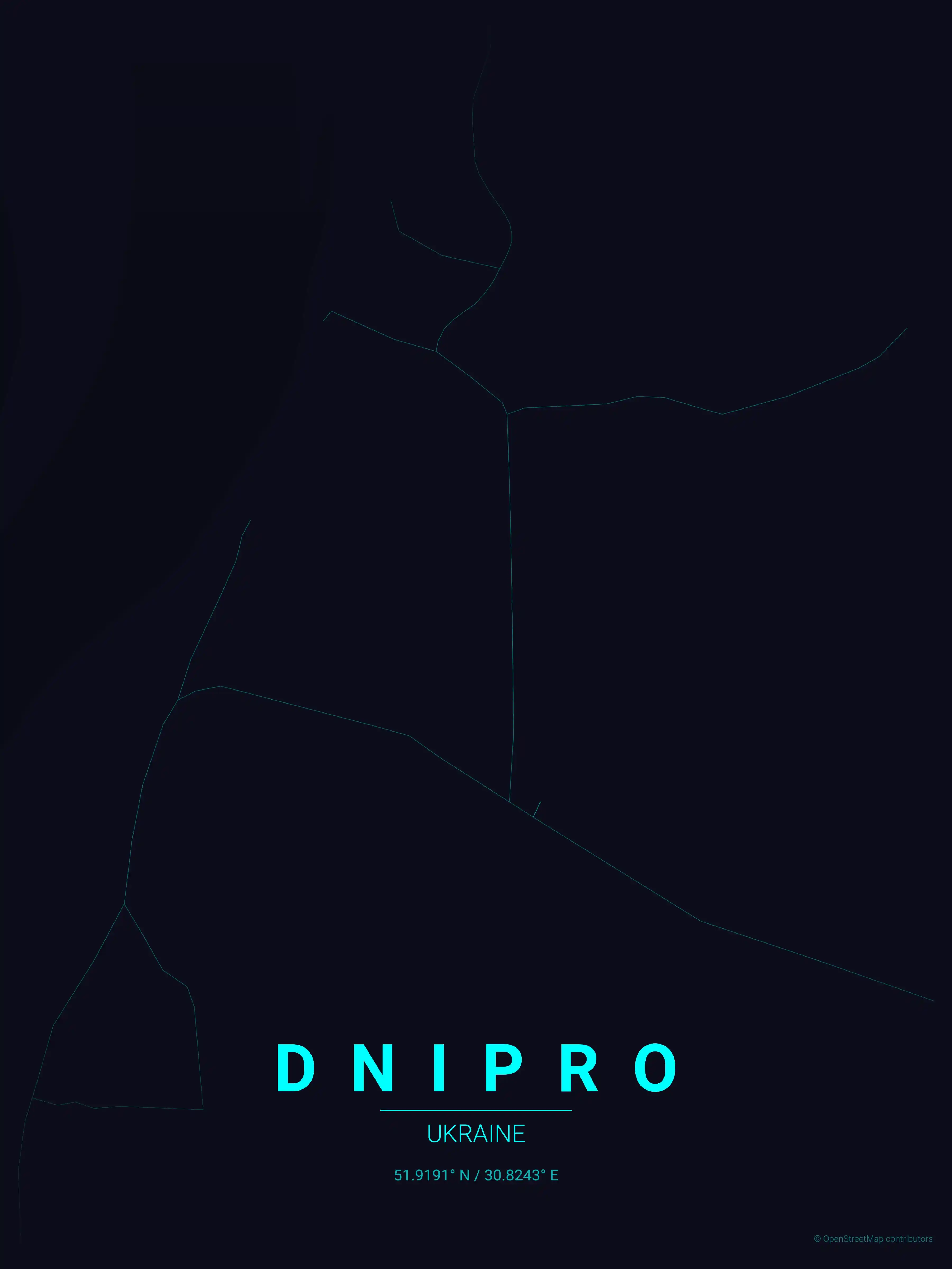 Minimalist neon_cyberpunk street map of Dnipro, Ukraine - Urban grid art