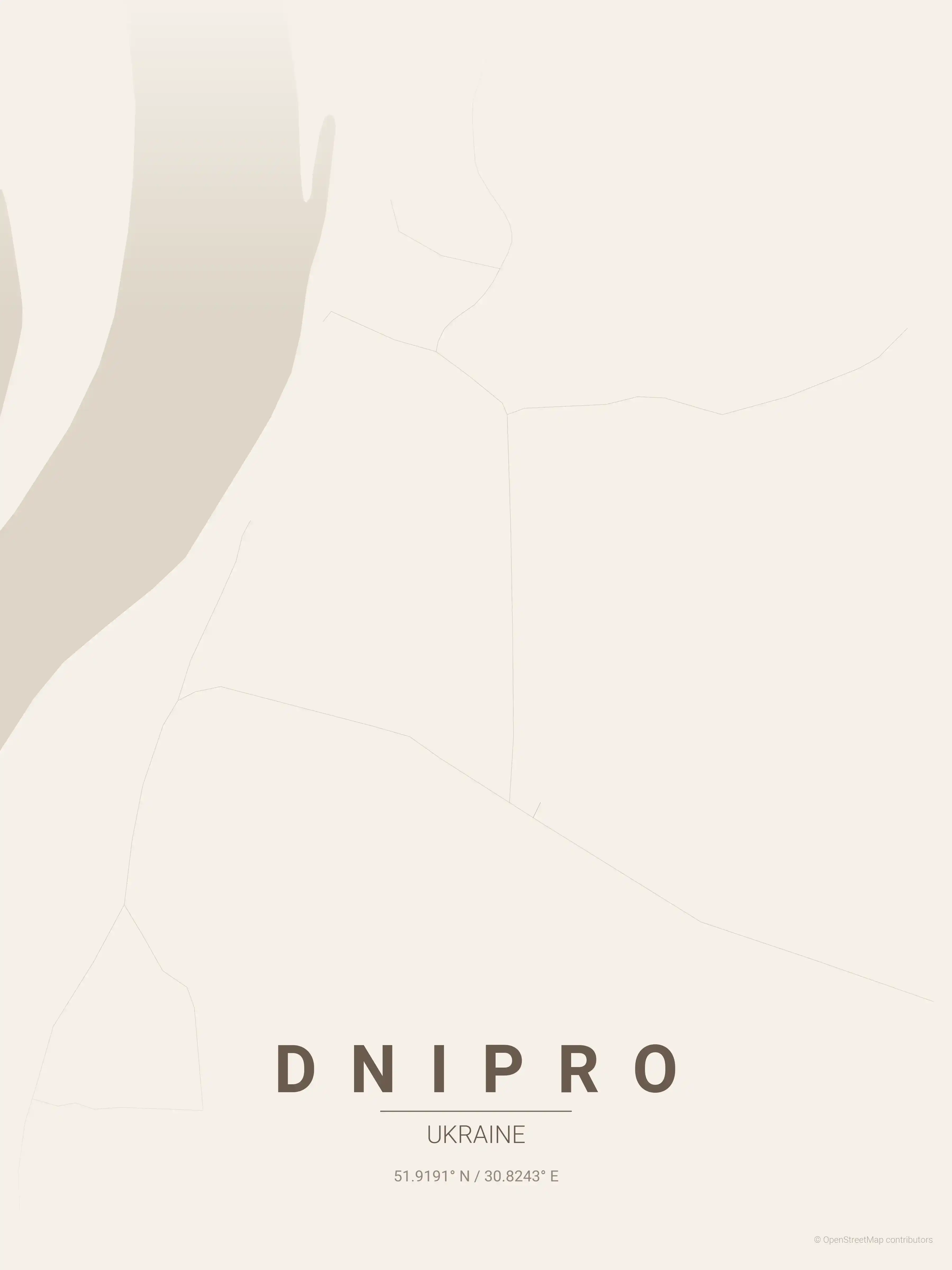 Minimalist warm_beige street map of Dnipro, Ukraine - Urban grid art