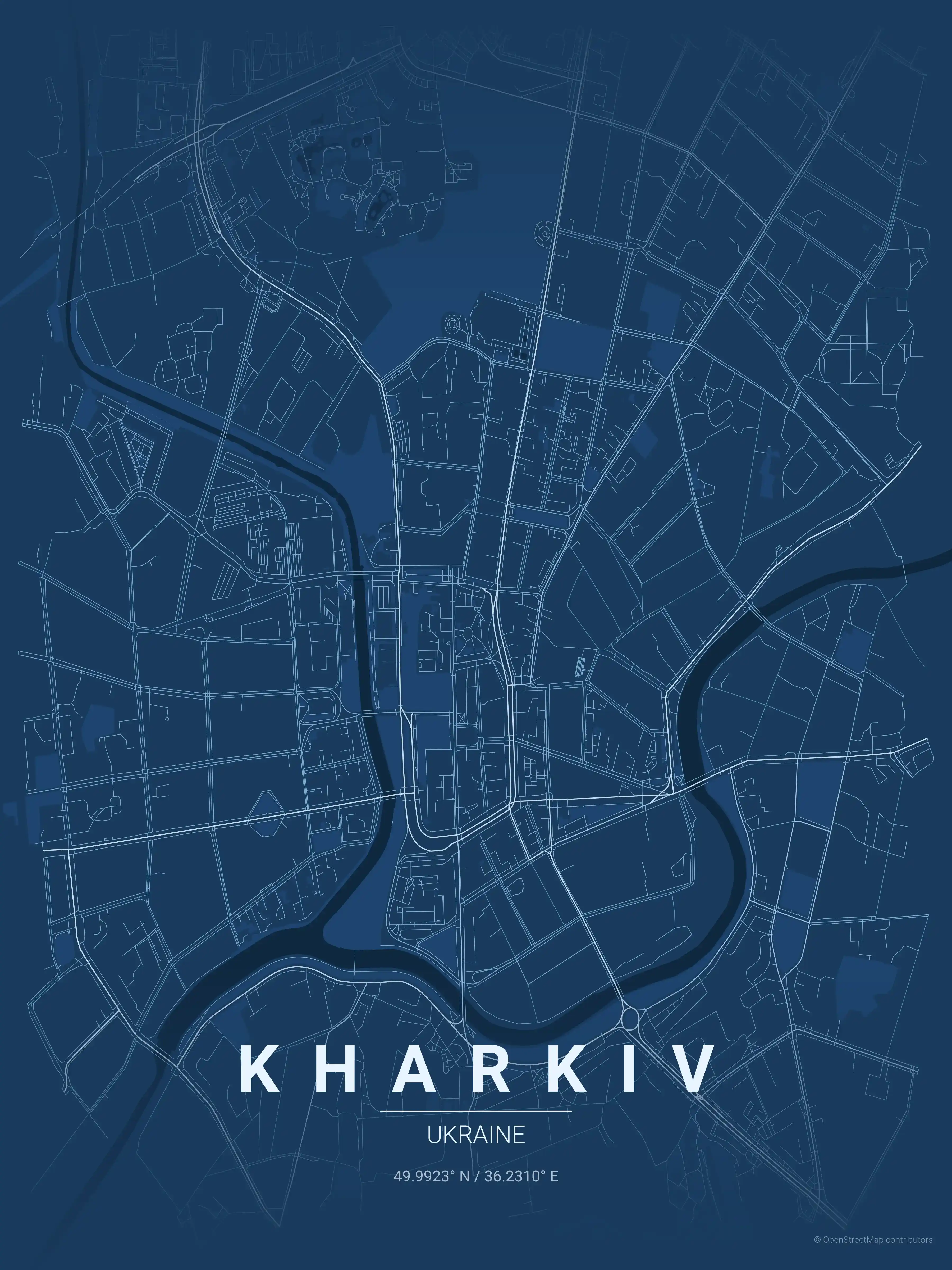 Minimalist blueprint street map of Kharkiv, Ukraine - Urban grid art