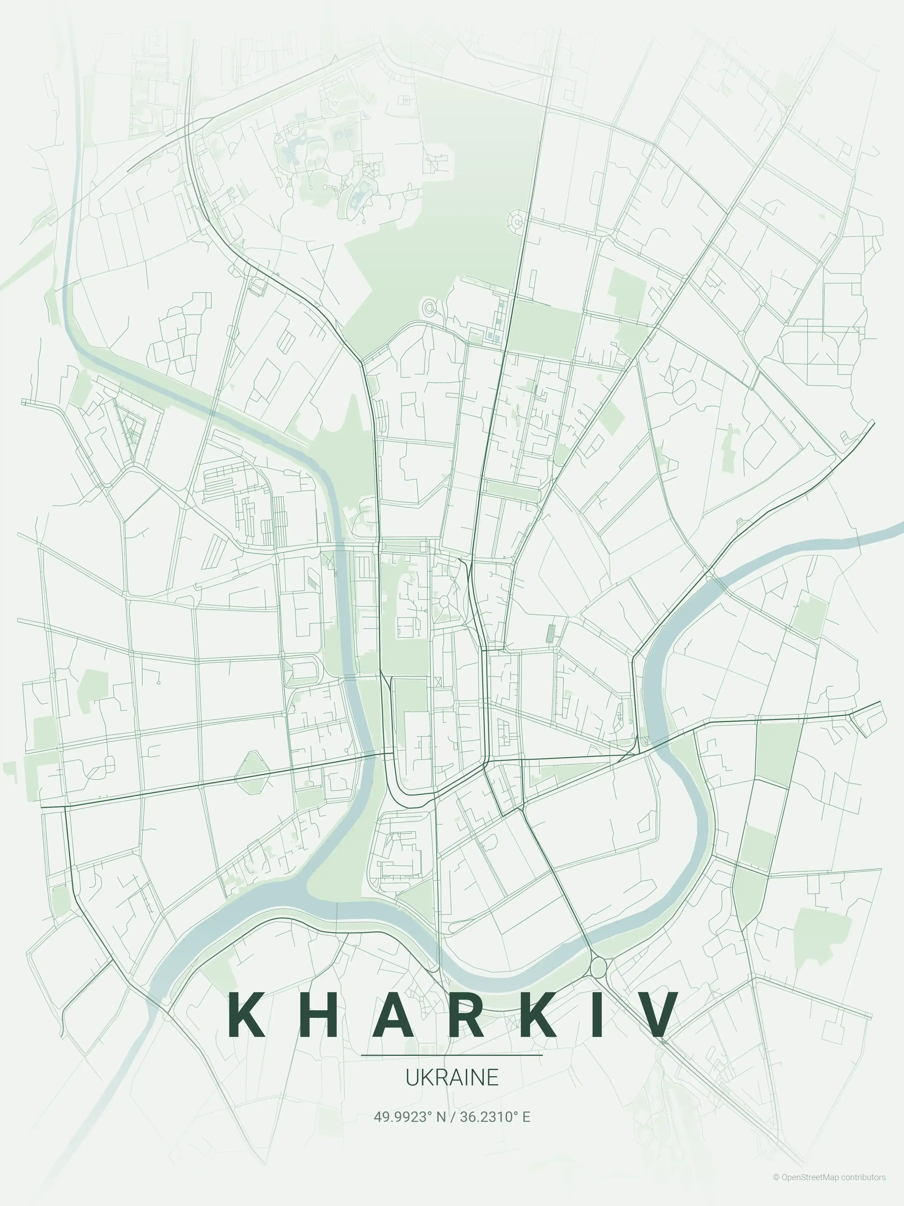Minimalist forest street map of Kharkiv, Ukraine - Urban grid art