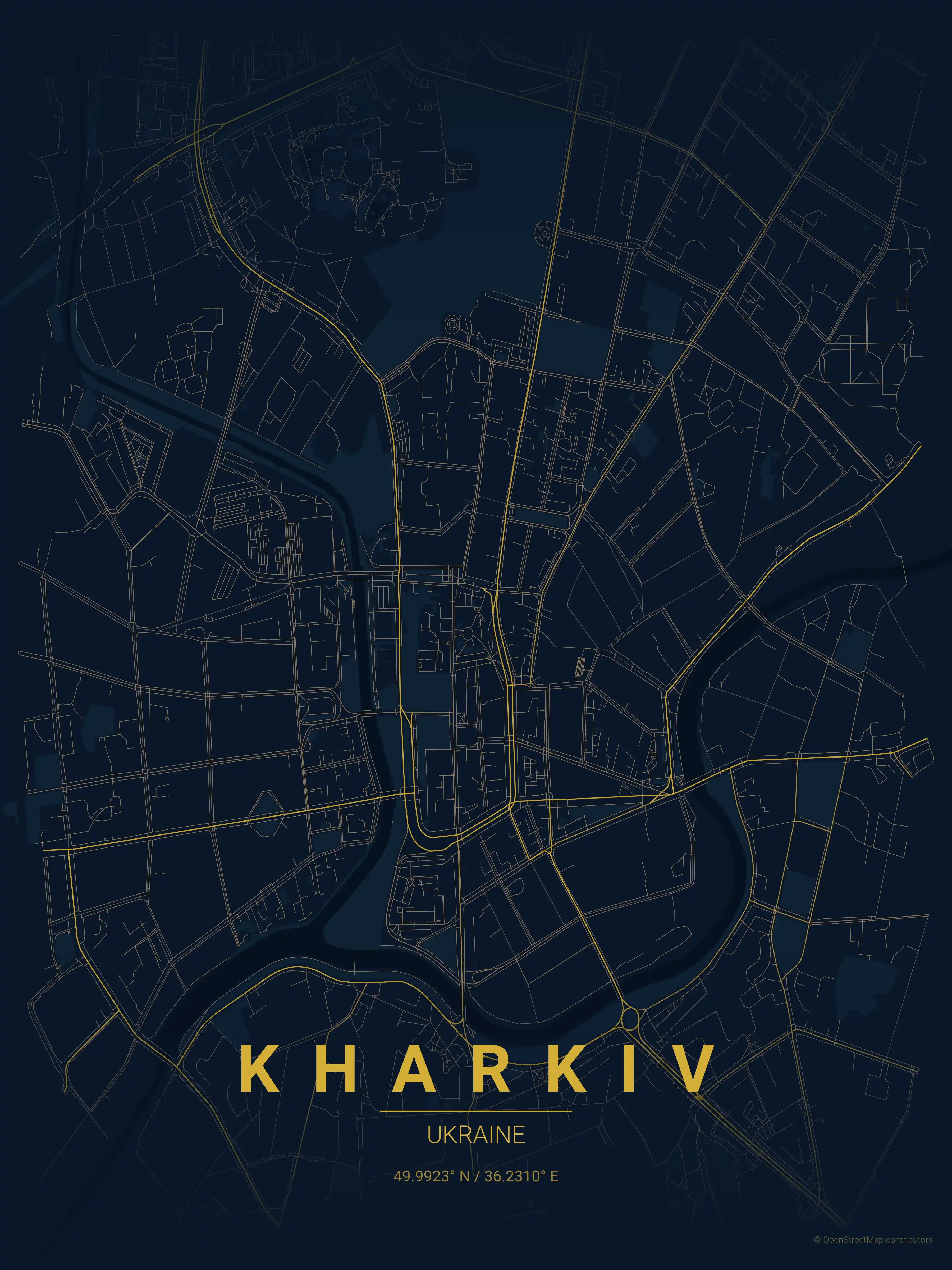 Minimalist midnight_blue street map of Kharkiv, Ukraine - Urban grid art