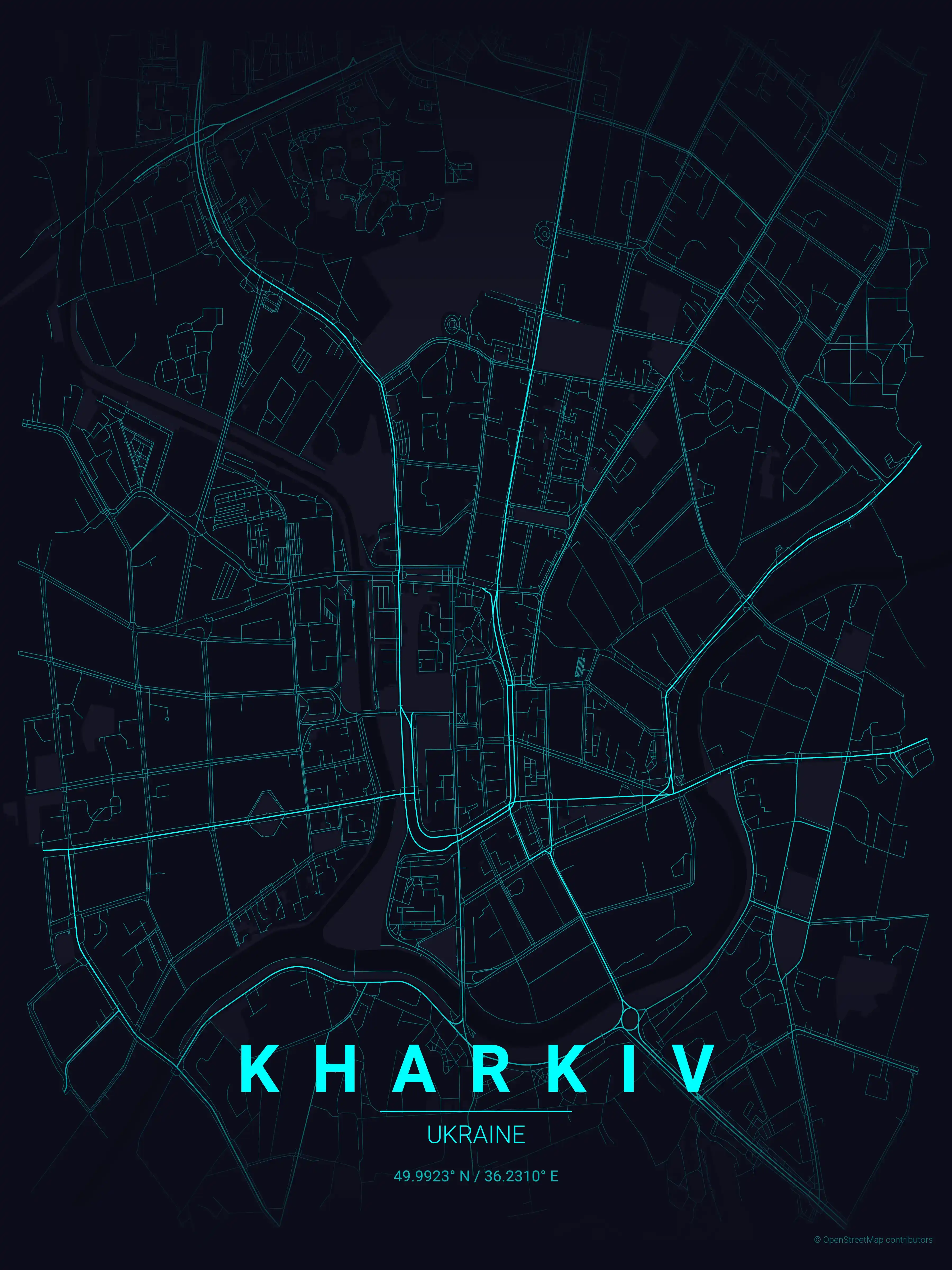 Minimalist neon_cyberpunk street map of Kharkiv, Ukraine - Urban grid art