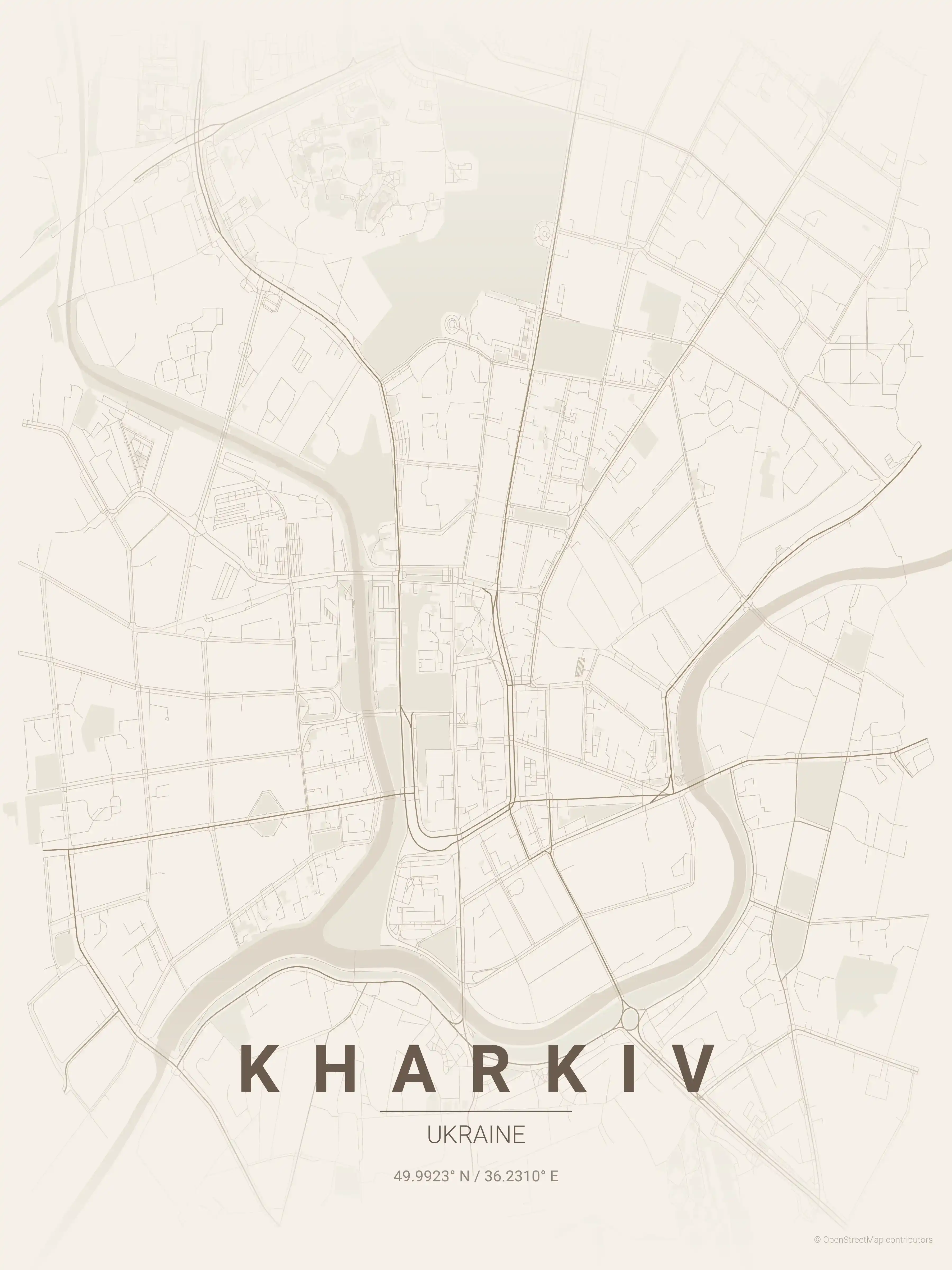 Minimalist warm_beige street map of Kharkiv, Ukraine - Urban grid art