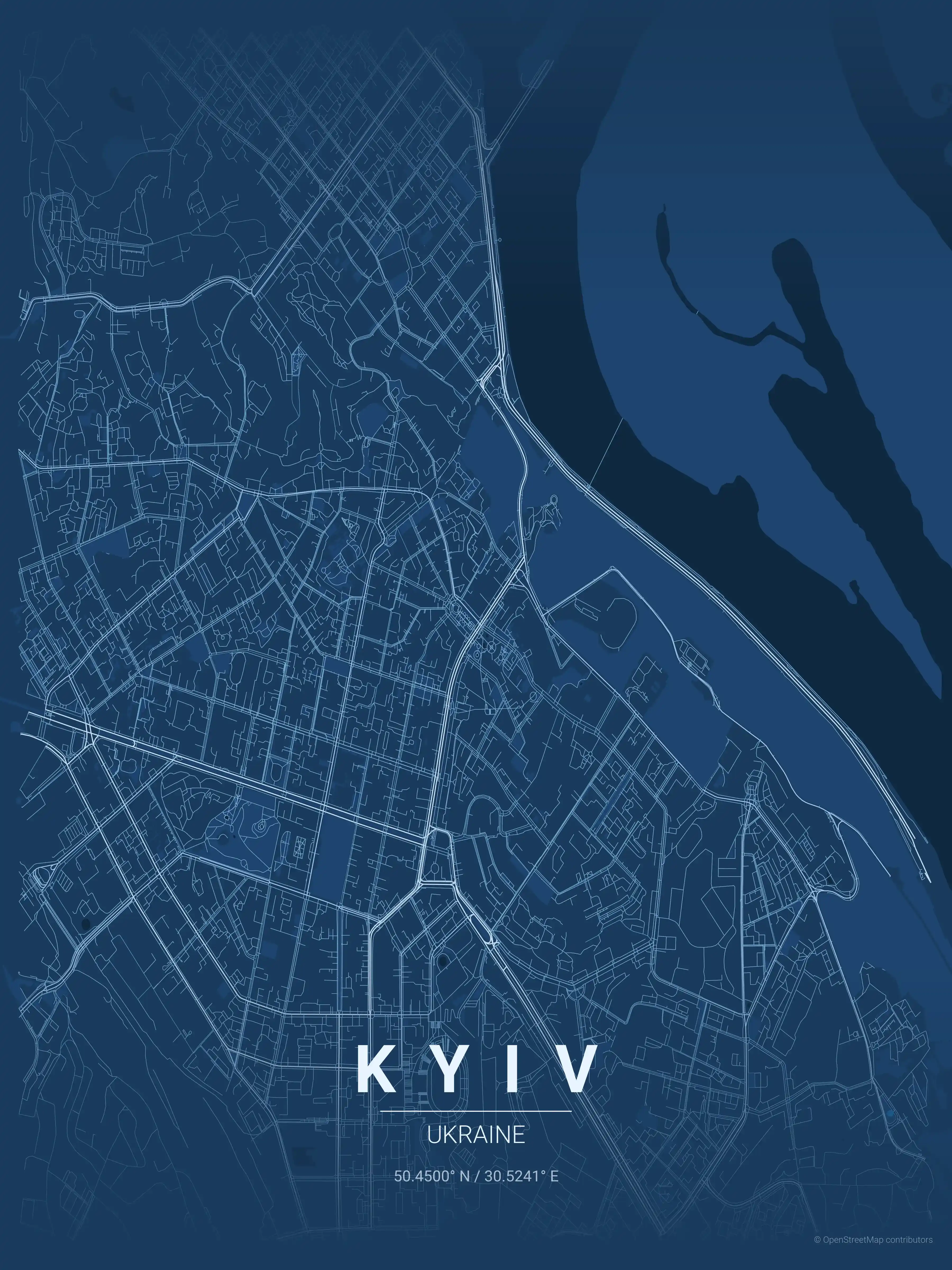 Minimalist blueprint street map of Kyiv, Ukraine - Urban grid art