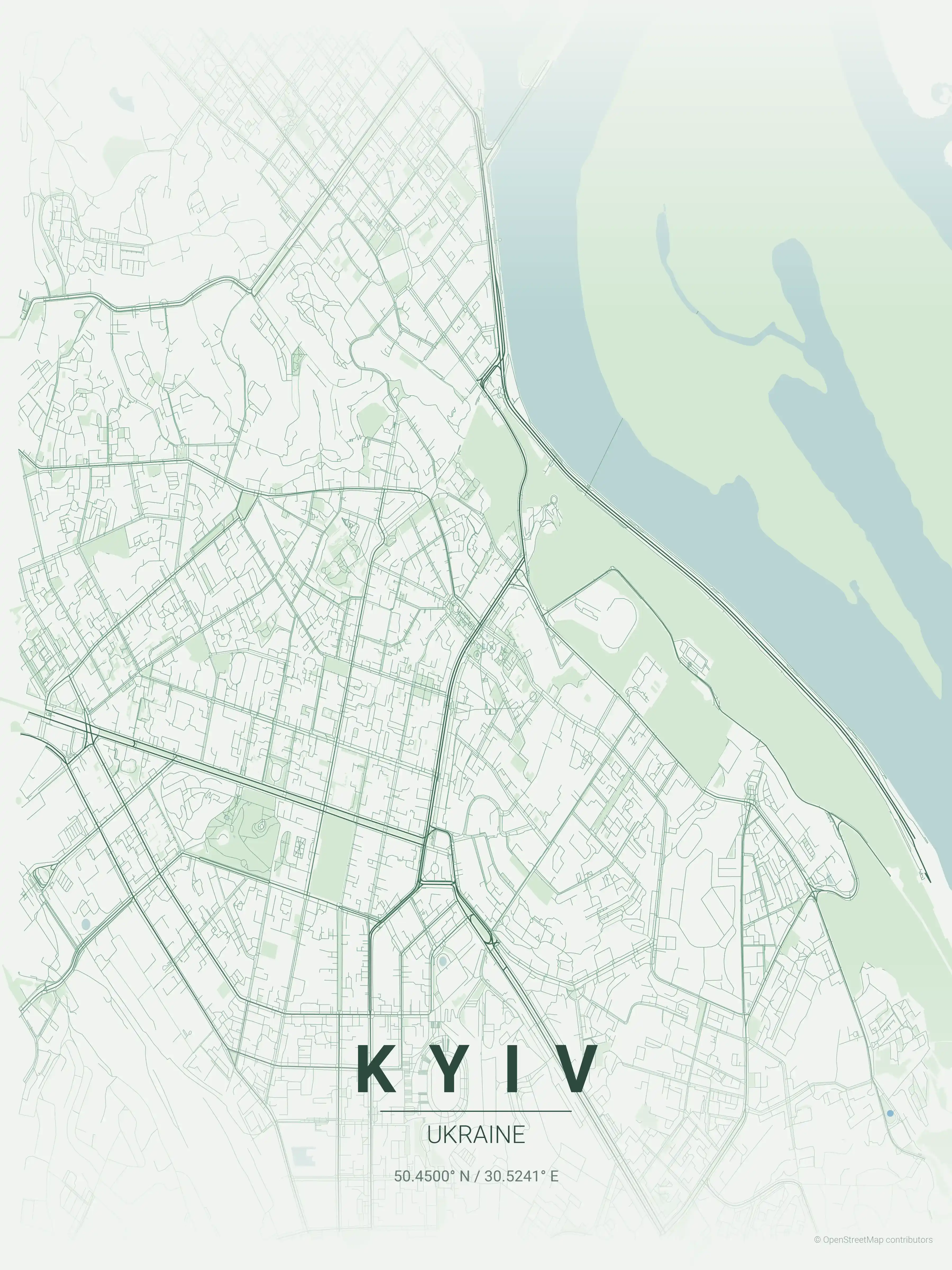 Minimalist forest street map of Kyiv, Ukraine - Urban grid art
