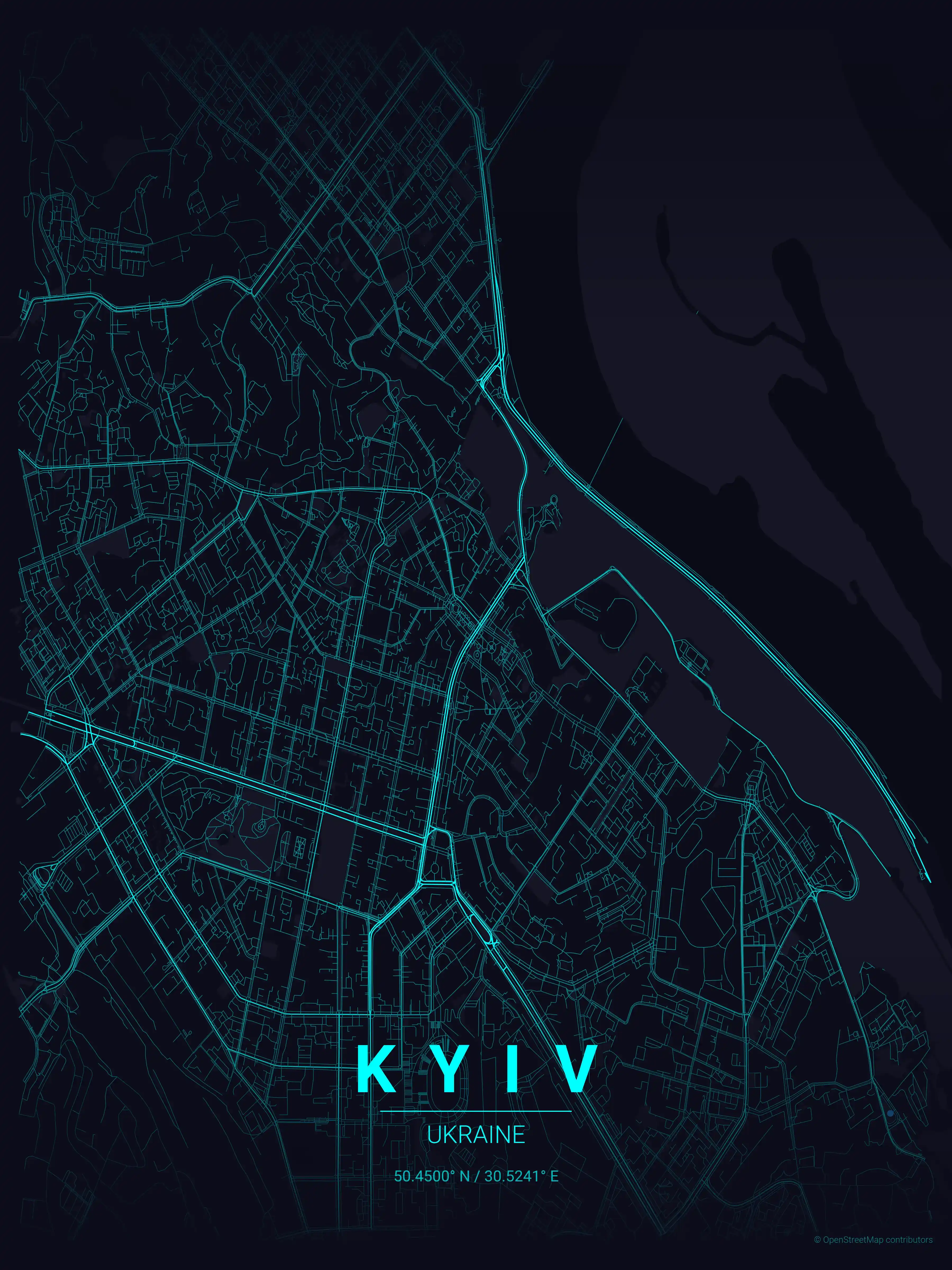 Minimalist neon_cyberpunk street map of Kyiv, Ukraine - Urban grid art