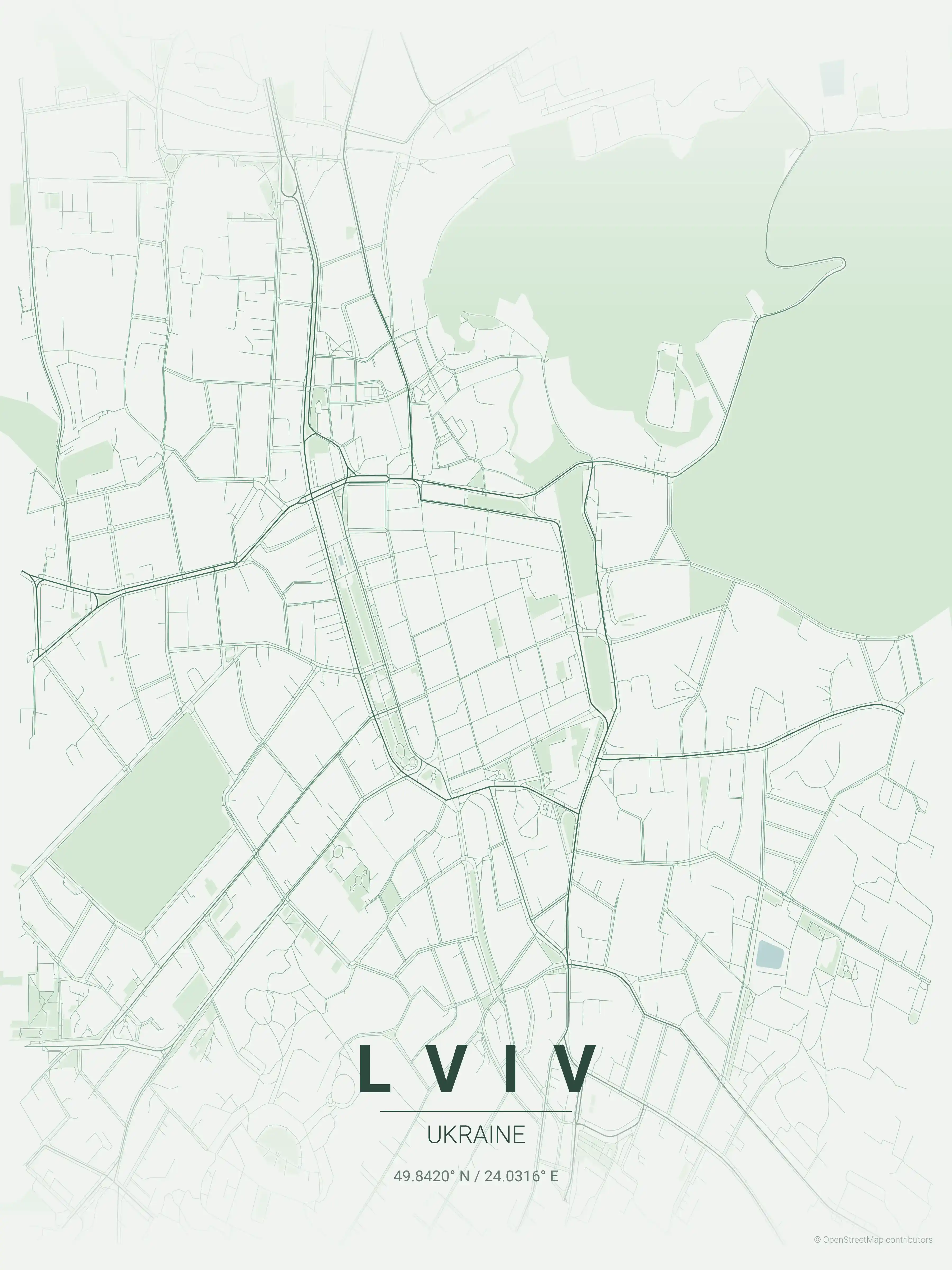 Minimalist forest street map of Lviv, Ukraine - Urban grid art