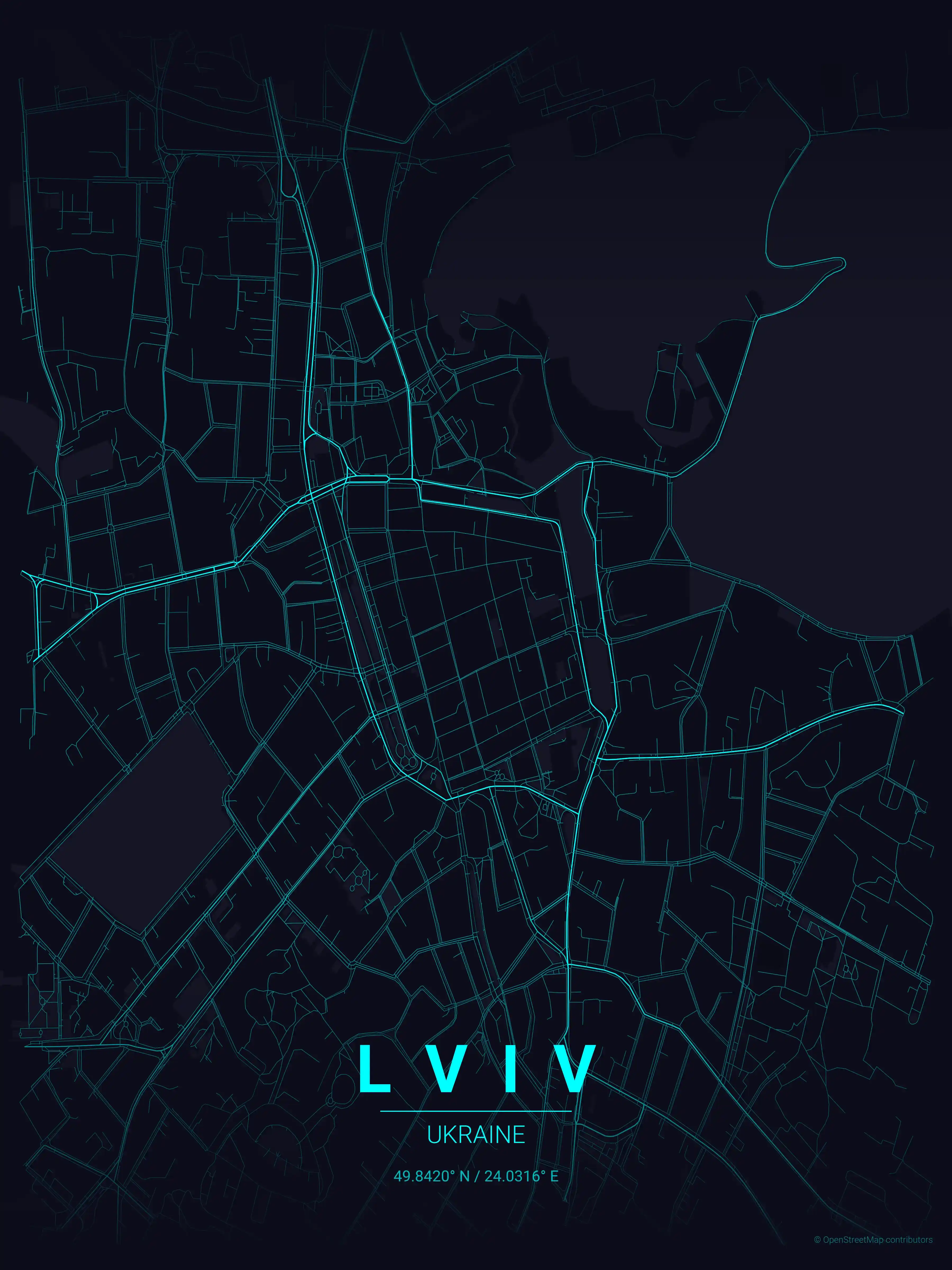Minimalist neon_cyberpunk street map of Lviv, Ukraine - Urban grid art