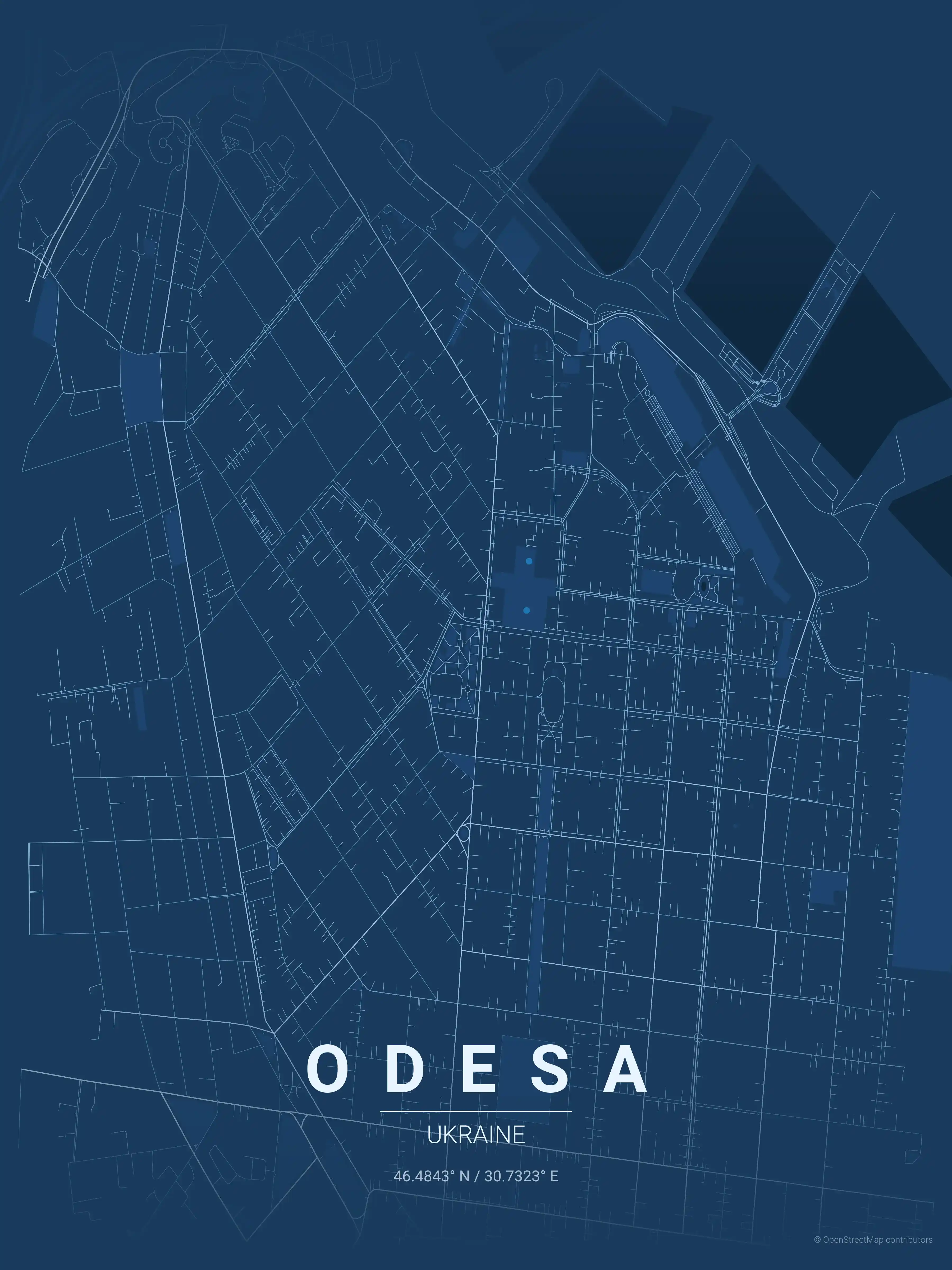 Minimalist blueprint street map of Odesa, Ukraine - Urban grid art