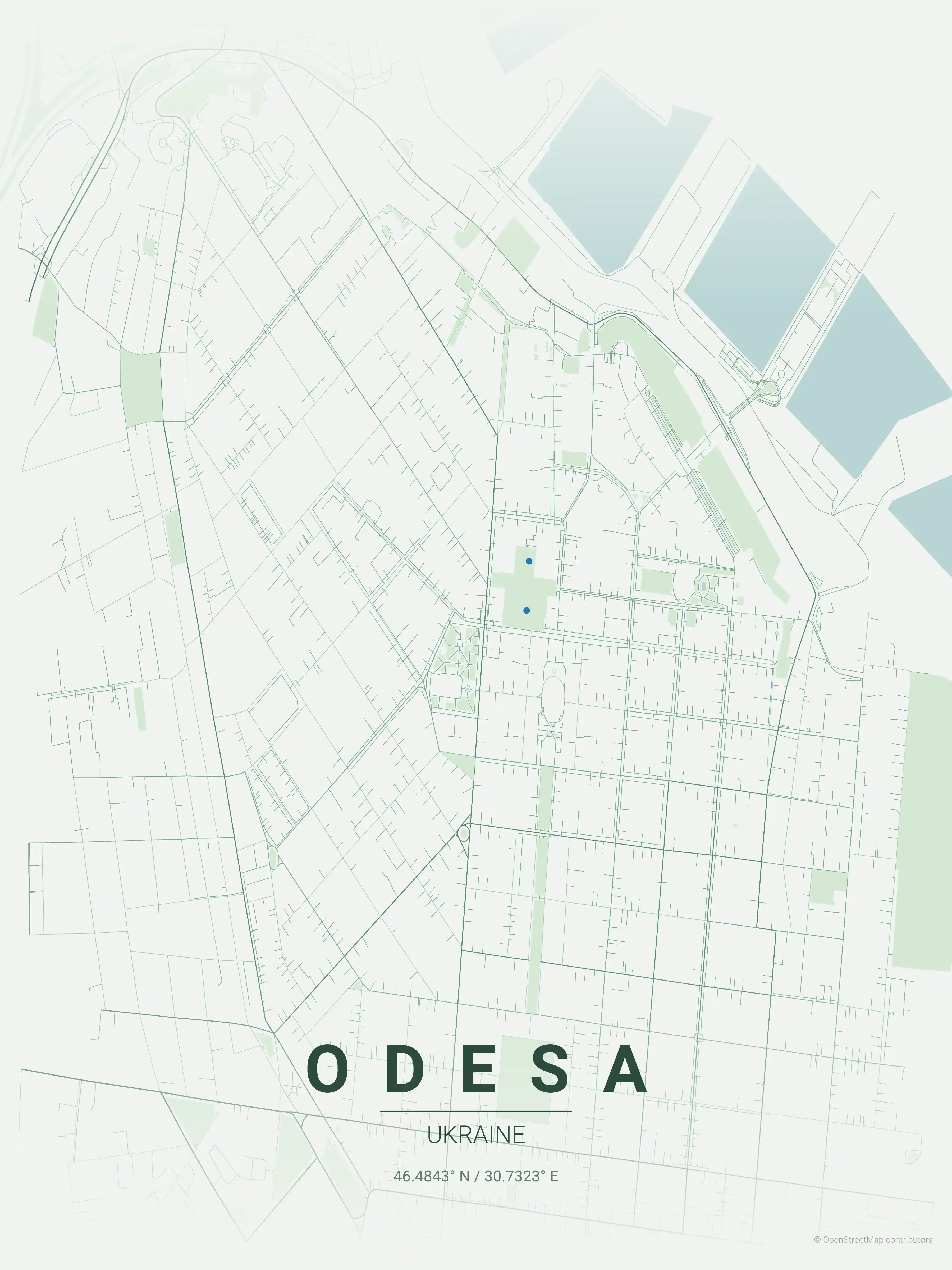 Minimalist forest street map of Odesa, Ukraine - Urban grid art