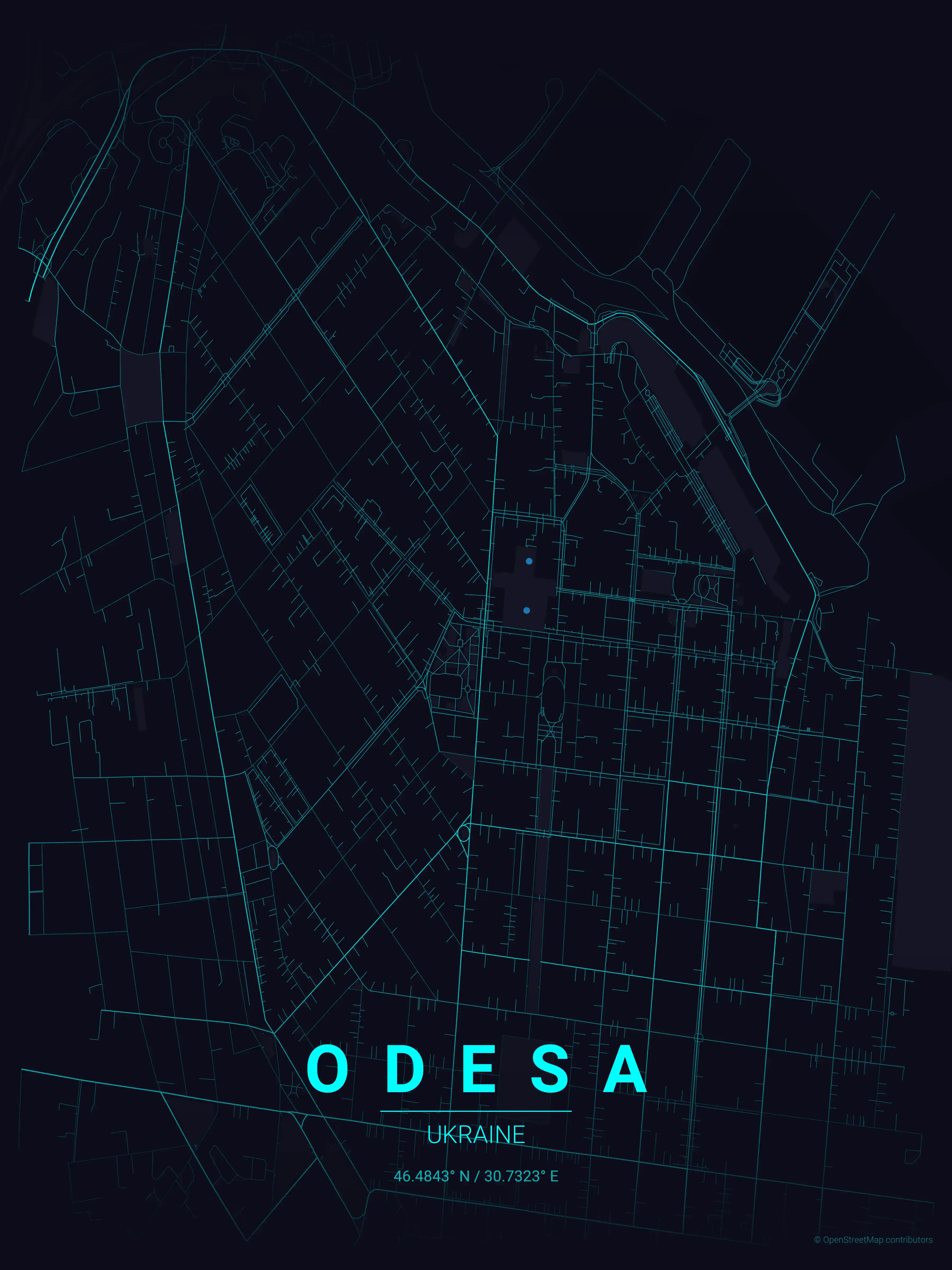 Minimalist neon_cyberpunk street map of Odesa, Ukraine - Urban grid art